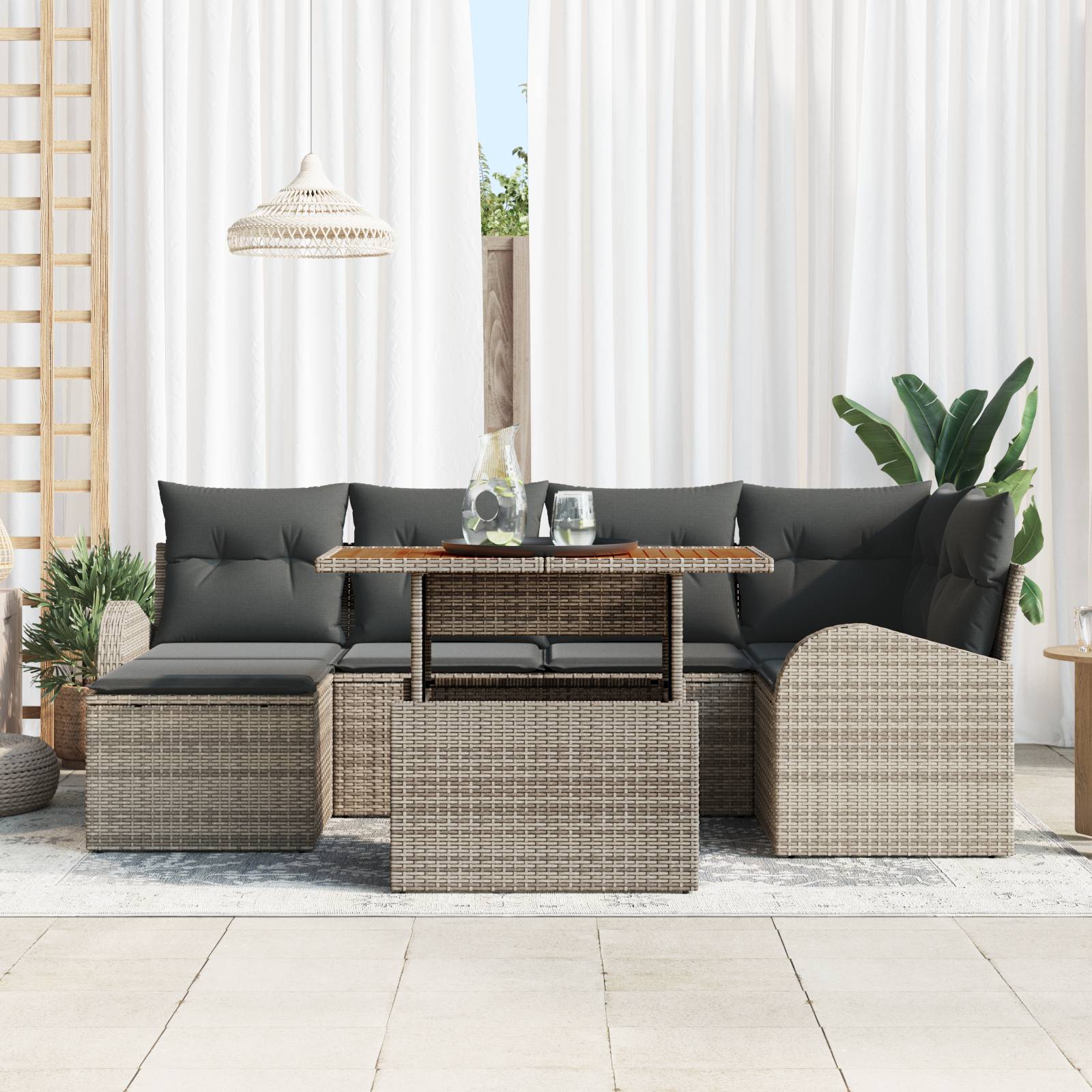vidaXL 7-tlg. Garten-Essgruppe mit Kissen Grau Poly Rattan Akazie