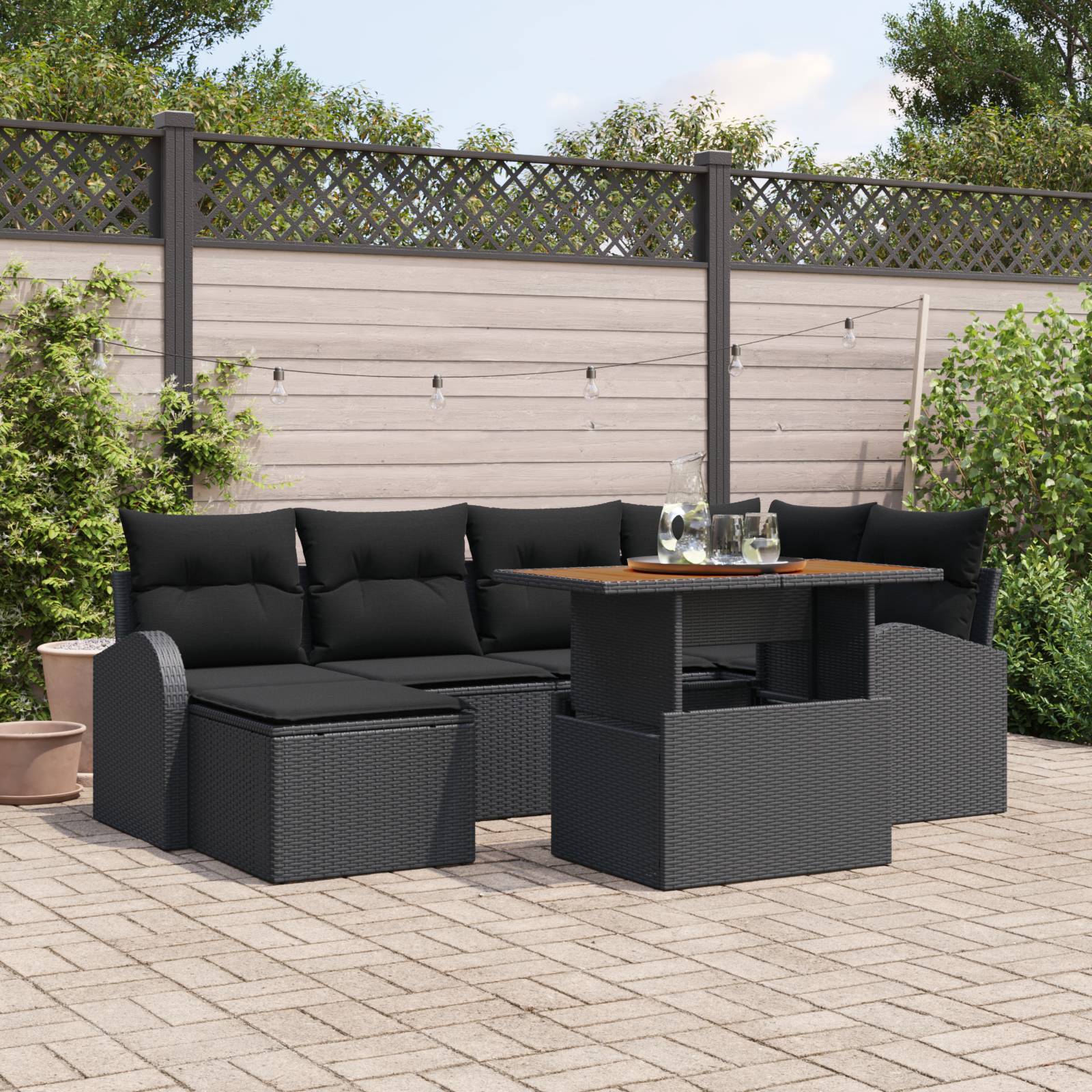 vidaXL 7-teiliges Garten Sofa Set mit Kissen Schwarz Poly Rattan