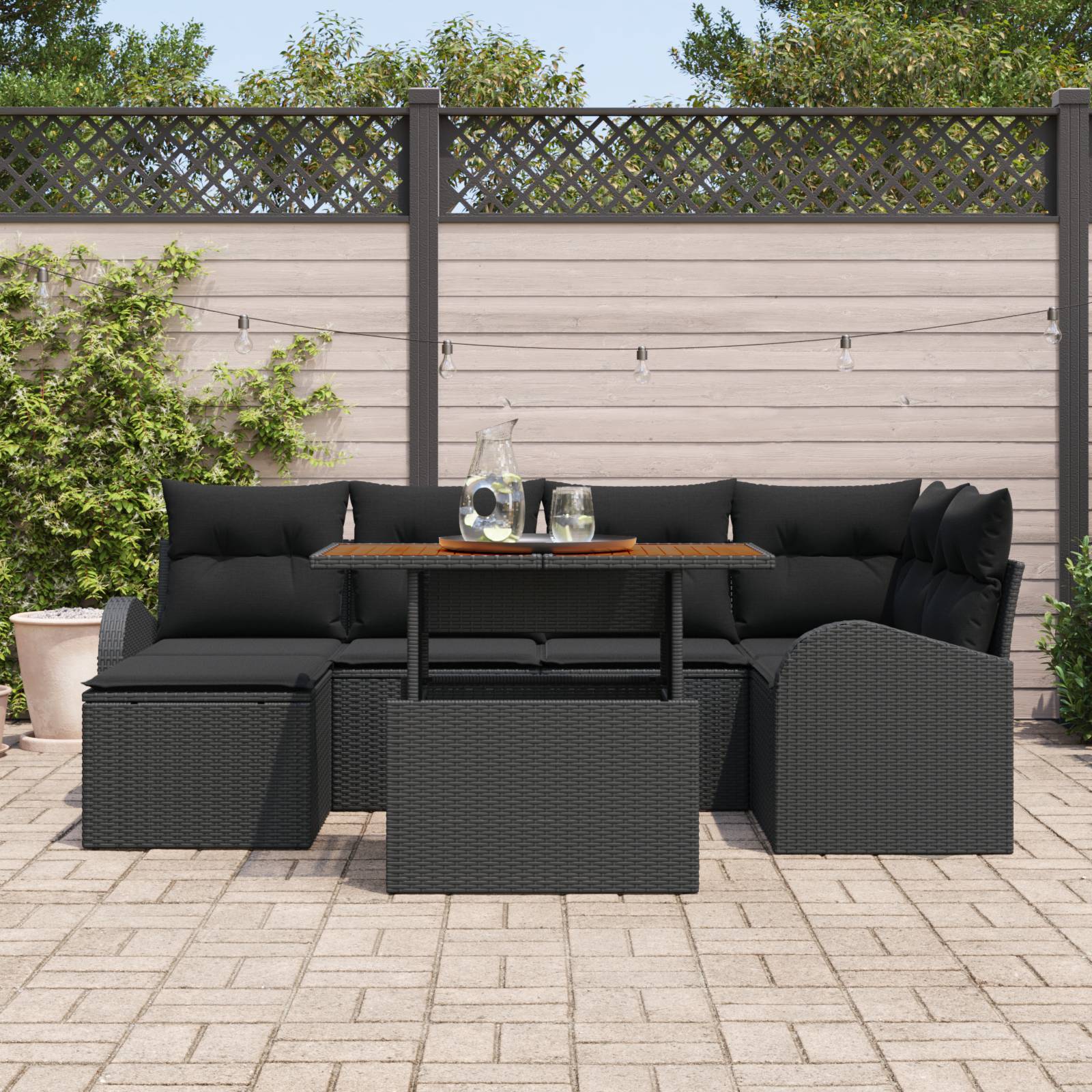 vidaXL 7-teiliges Garten Sofa Set mit Kissen Schwarz Poly Rattan