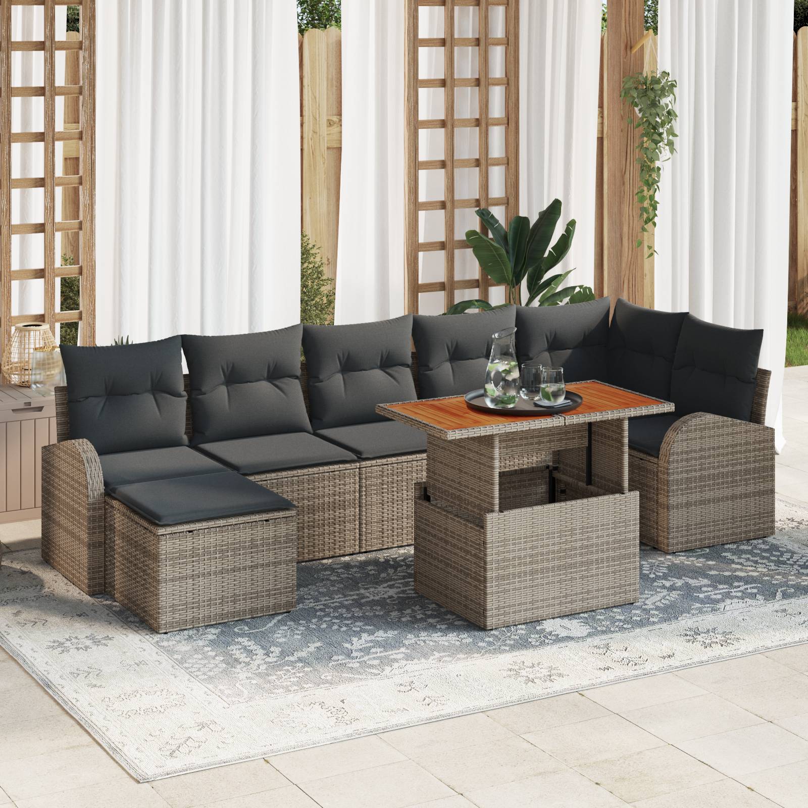 vidaXL 8-teiliges Gartenset mit Kissen Grau Poly Rattan Akazie