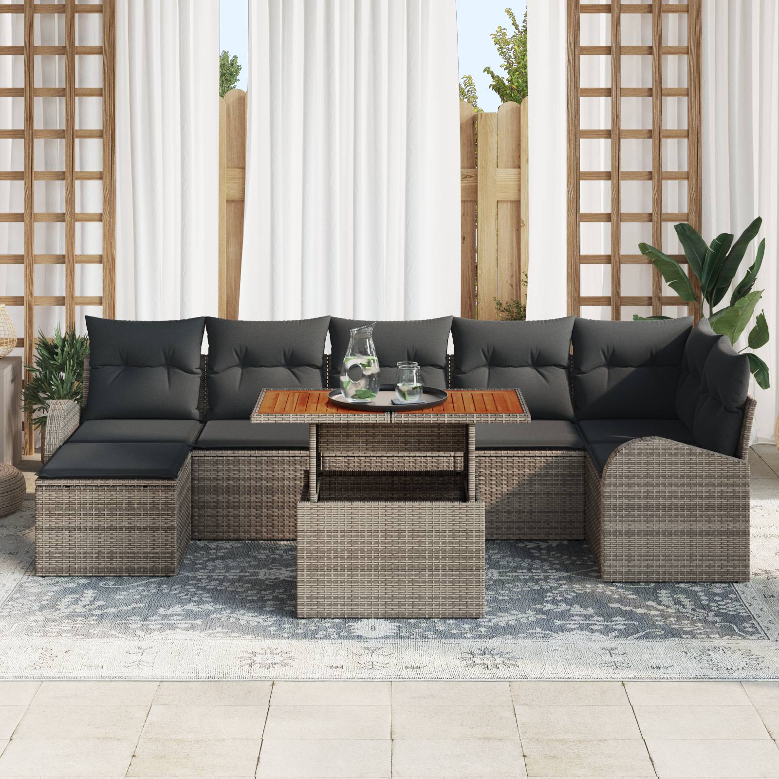 vidaXL 8-teiliges Gartenset mit Kissen Grau Poly Rattan Akazie