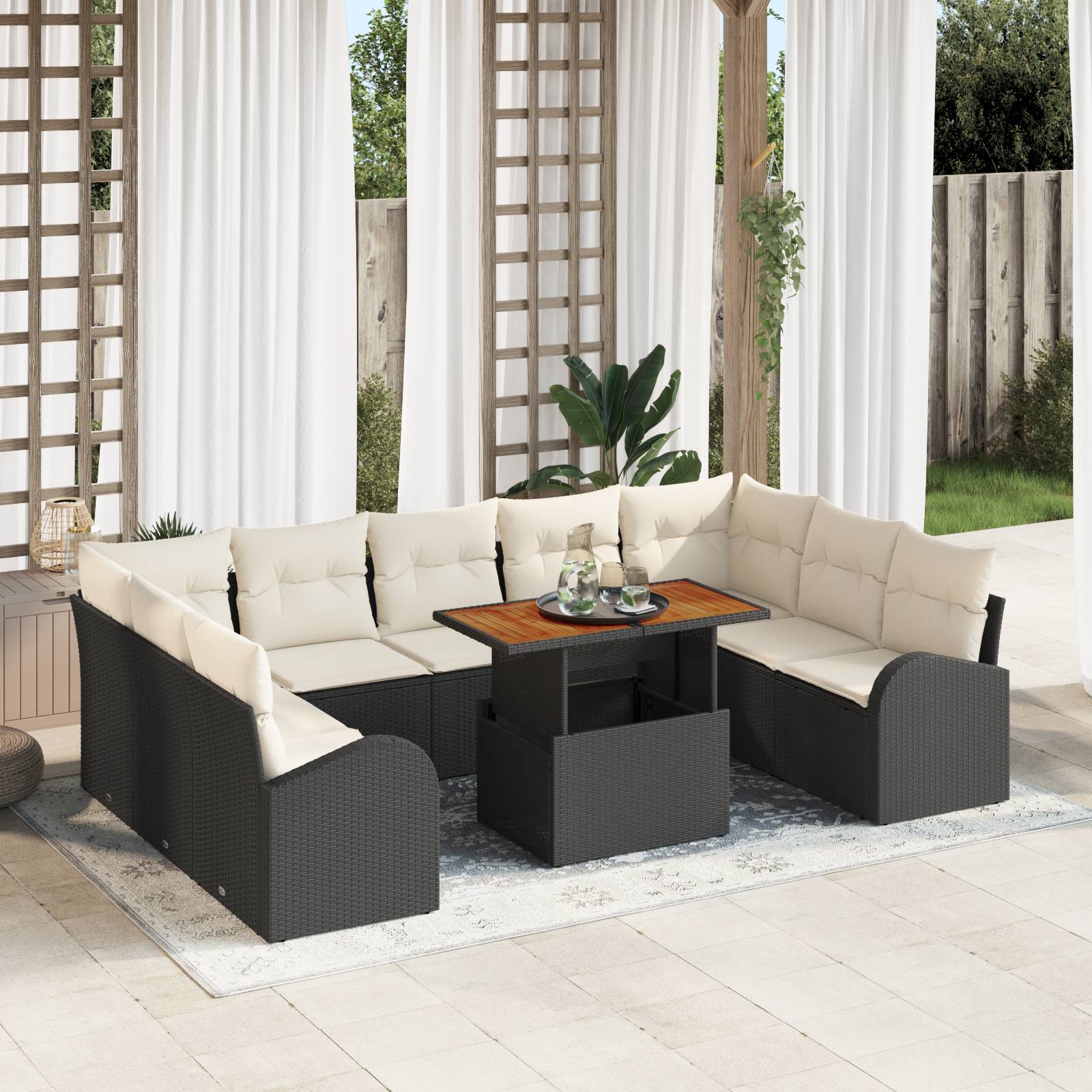 vidaXL 10-teiliges Gartentischset mit Kissen Schwarz Poly Rattan Akazie