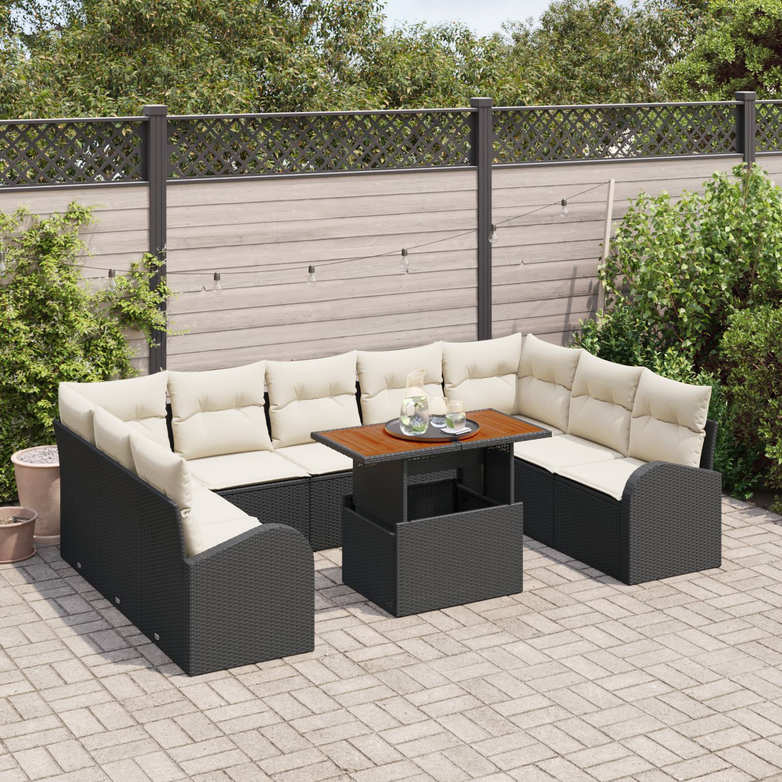 vidaXL 10-teiliges Gartentischset mit Kissen Schwarz Poly Rattan Akazie