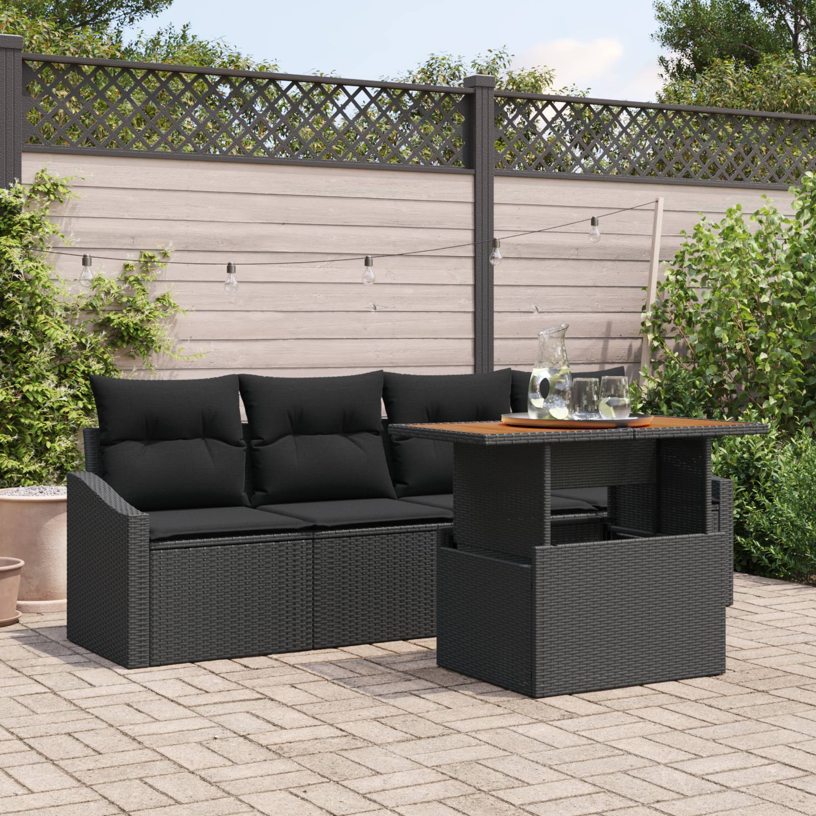 vidaXL 5-tlg. Garten-Essgruppe mit Kissen Schwarz Poly Rattan Akazie