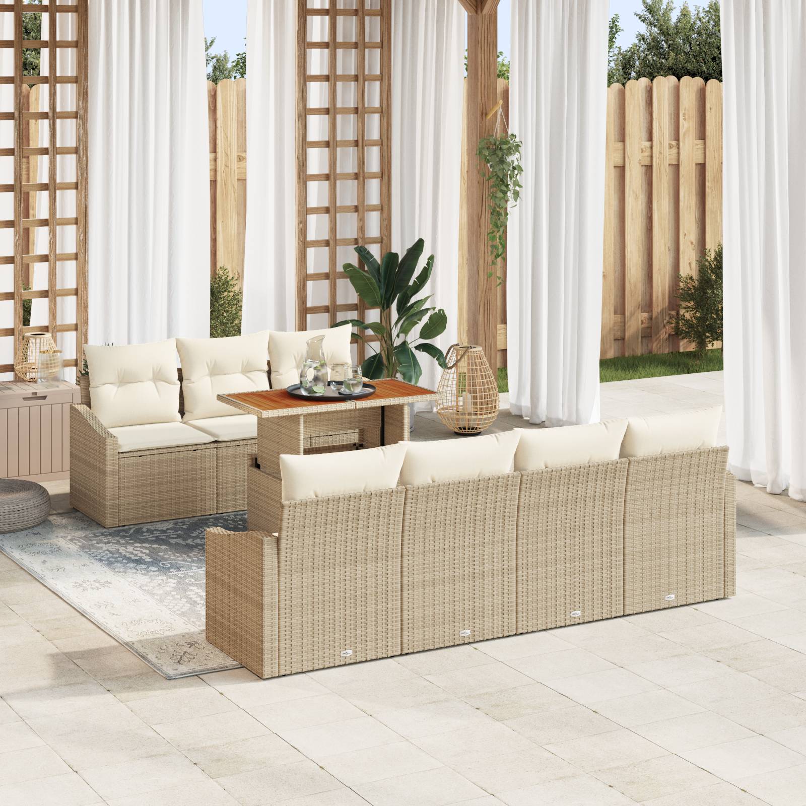 vidaXL 8-tlg. Garten-Sofagarnitur mit Kissen Beige Poly Rattan