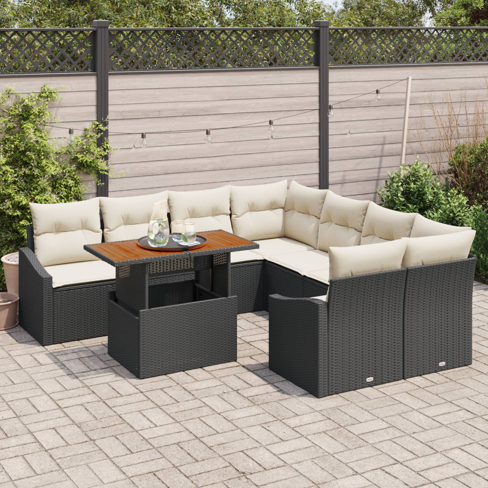 vidaXL 9-tlg. Garten-Sofagarnitur mit Kissen Schwarz Poly Rattan