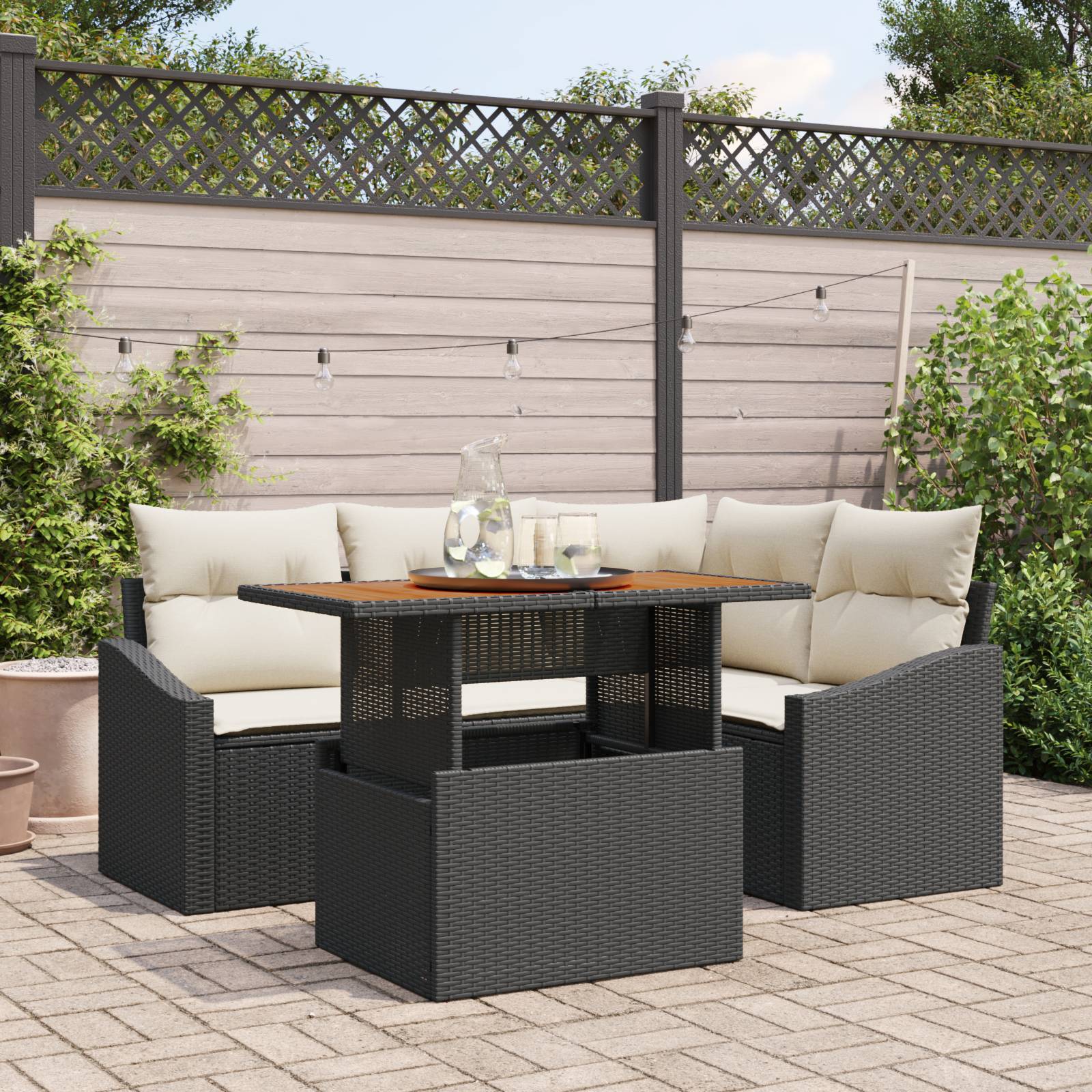 vidaXL 5-tlg. Garten-Essgruppe mit Kissen Schwarz Poly Rattan Akazie