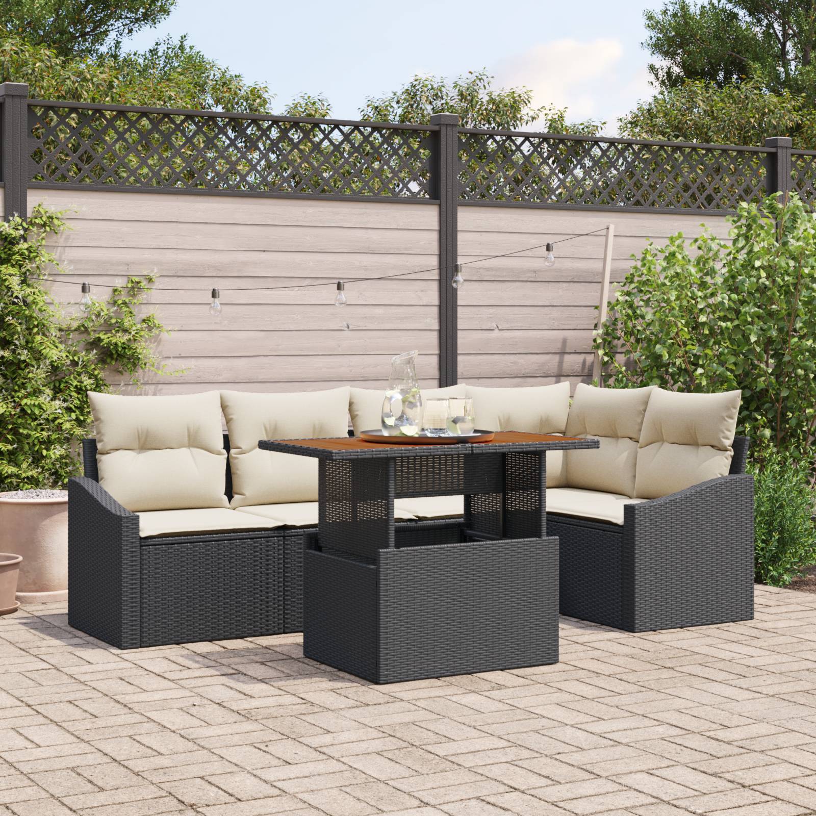 vidaXL 6-tlg. Garten-Sofagarnitur mit Kissen Schwarz Poly Rattan