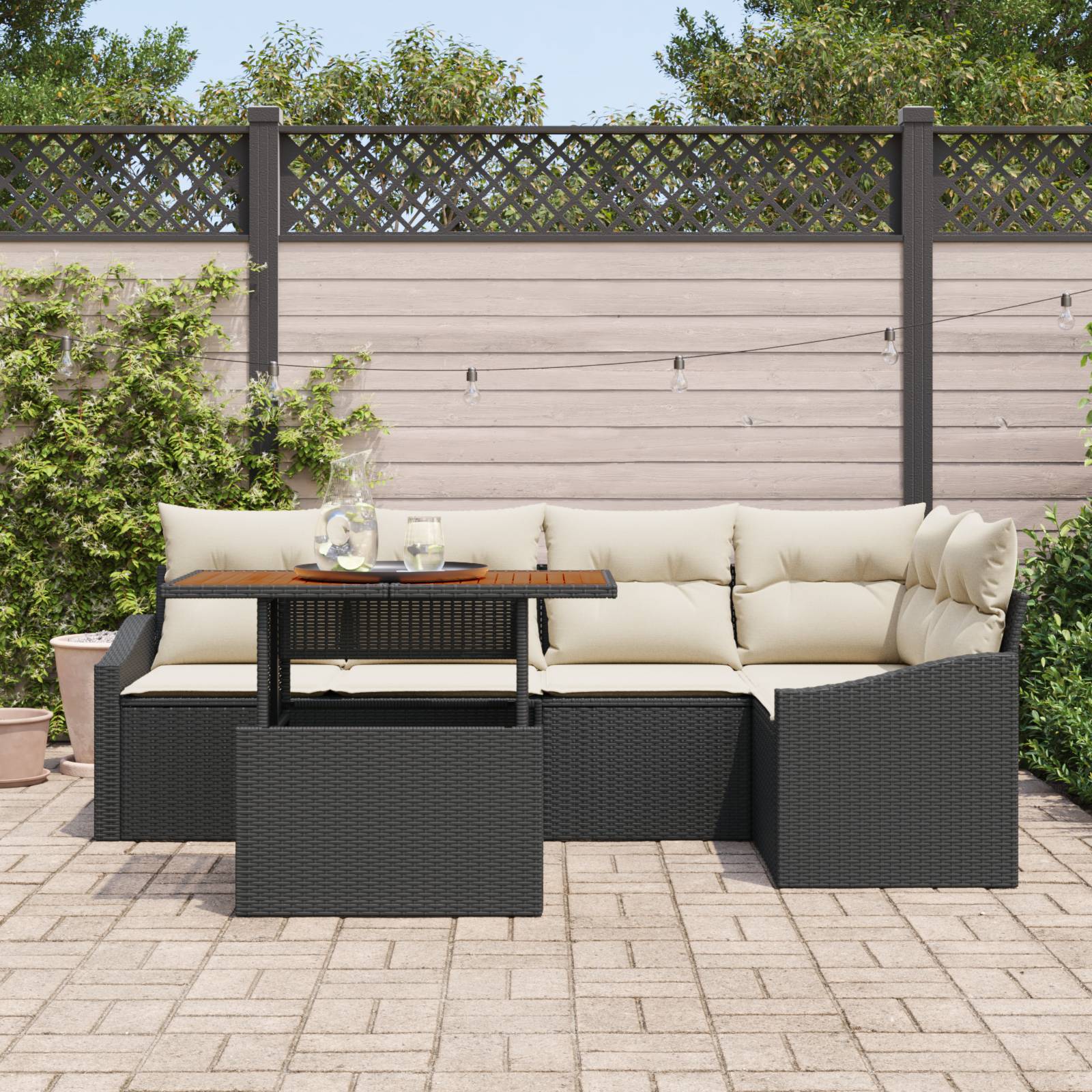 vidaXL 6-tlg. Garten-Sofagarnitur mit Kissen Schwarz Poly Rattan