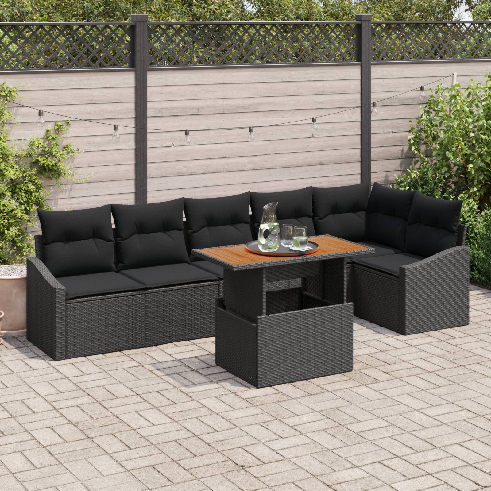 vidaXL 7-tlg. Garten-Sofagarnitur mit Kissen Schwarz Poly Rattan