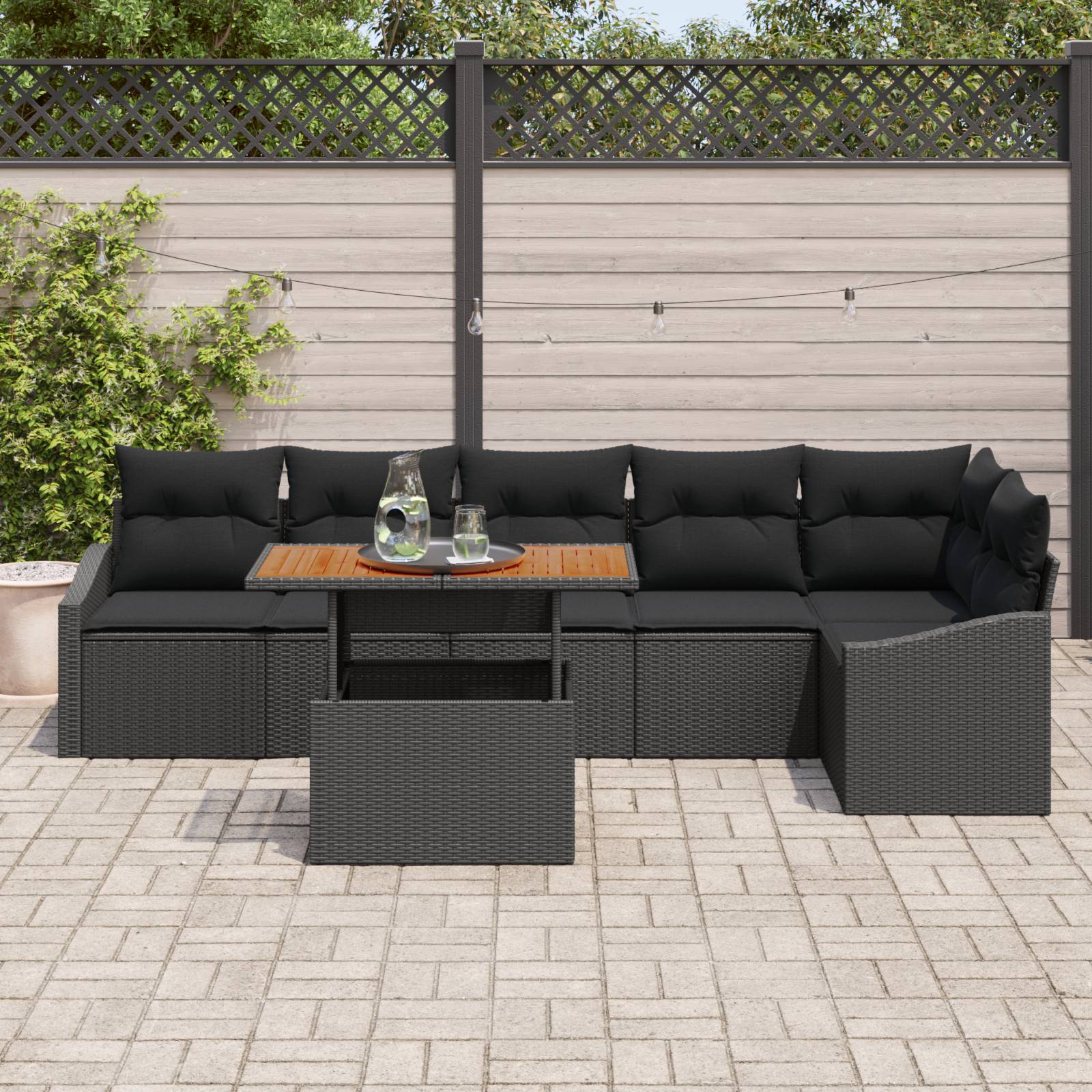 vidaXL 7-tlg. Garten-Sofagarnitur mit Kissen Schwarz Poly Rattan