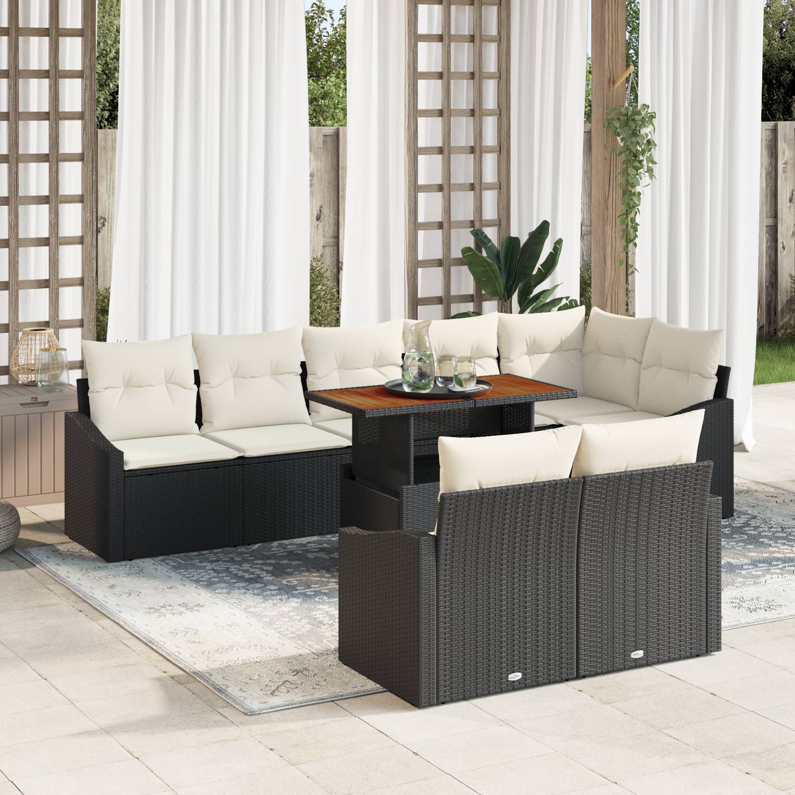 vidaXL 9-tlg. Garten-Essgruppe mit Kissen Schwarz Poly Rattan Akazie