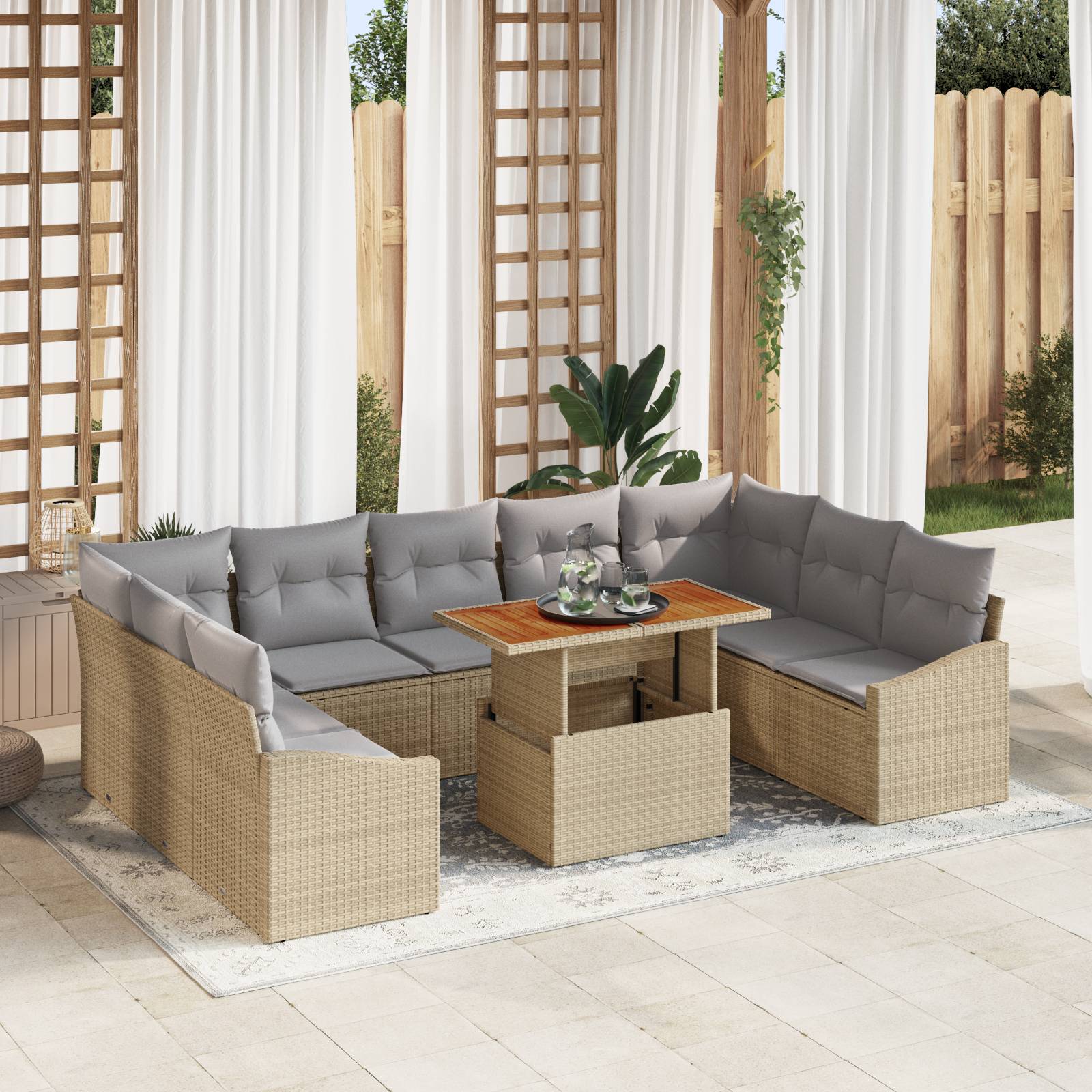 vidaXL 10-tlg. Garten-Sofagarnitur mit Kissen Beige Poly Rattan