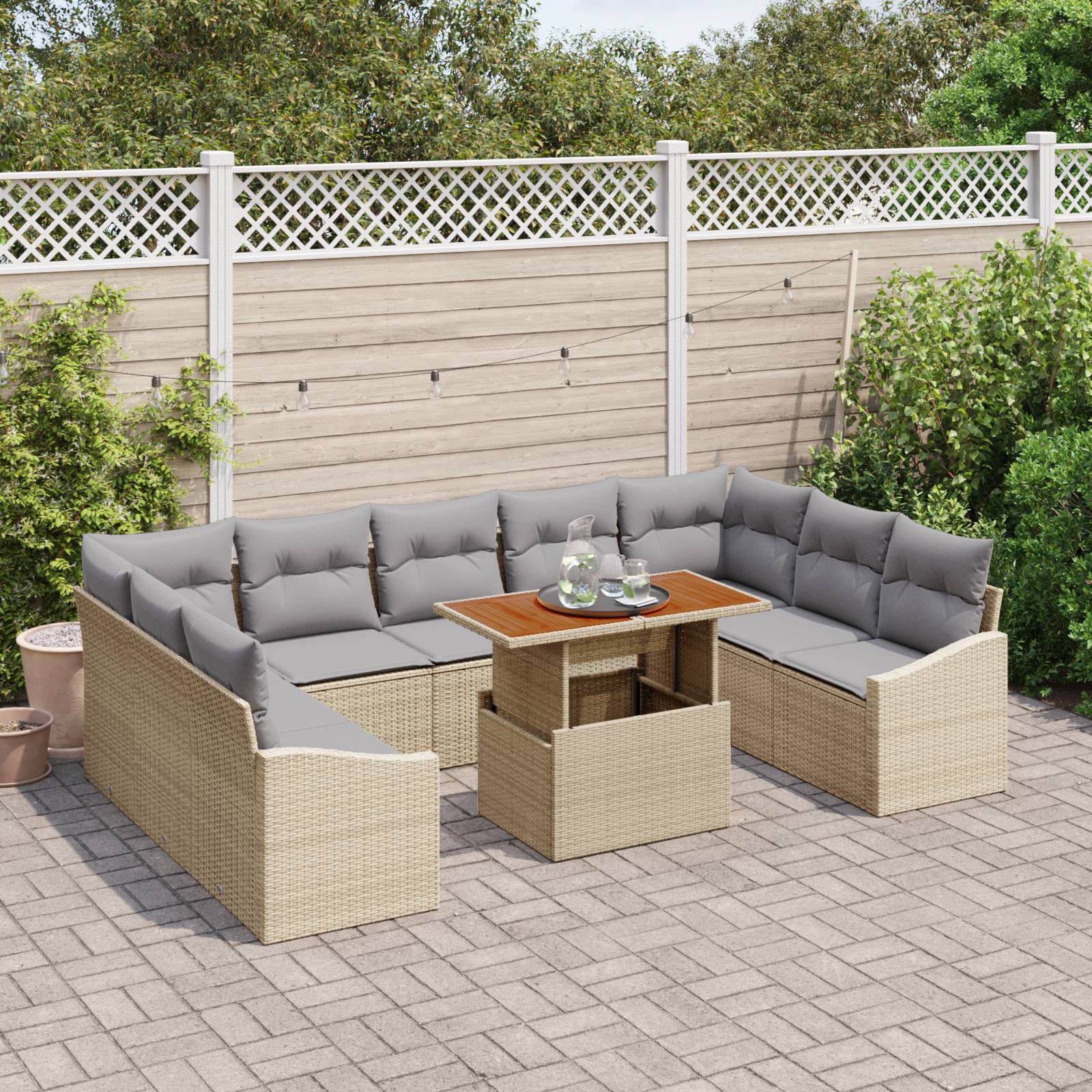 vidaXL 10-tlg. Garten-Sofagarnitur mit Kissen Beige Poly Rattan