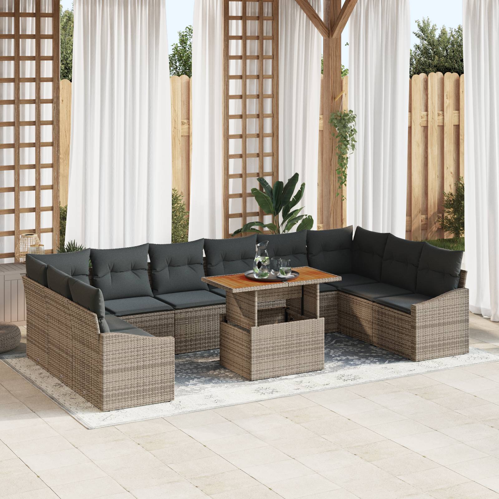 vidaXL 11-tlg. Garten-Essgruppe mit Kissen Grau Poly Rattan Akazie