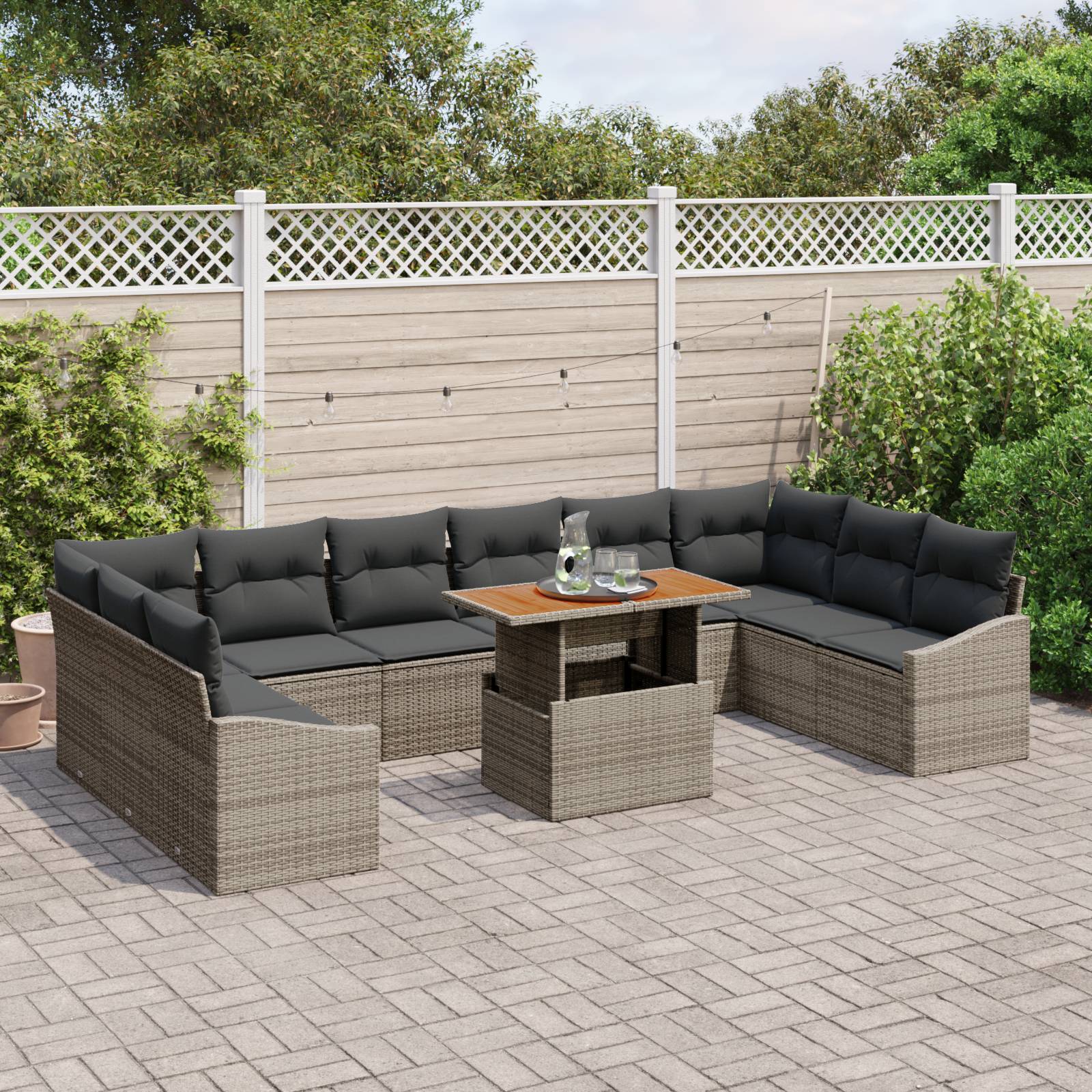 vidaXL 11-tlg. Garten-Essgruppe mit Kissen Grau Poly Rattan Akazie