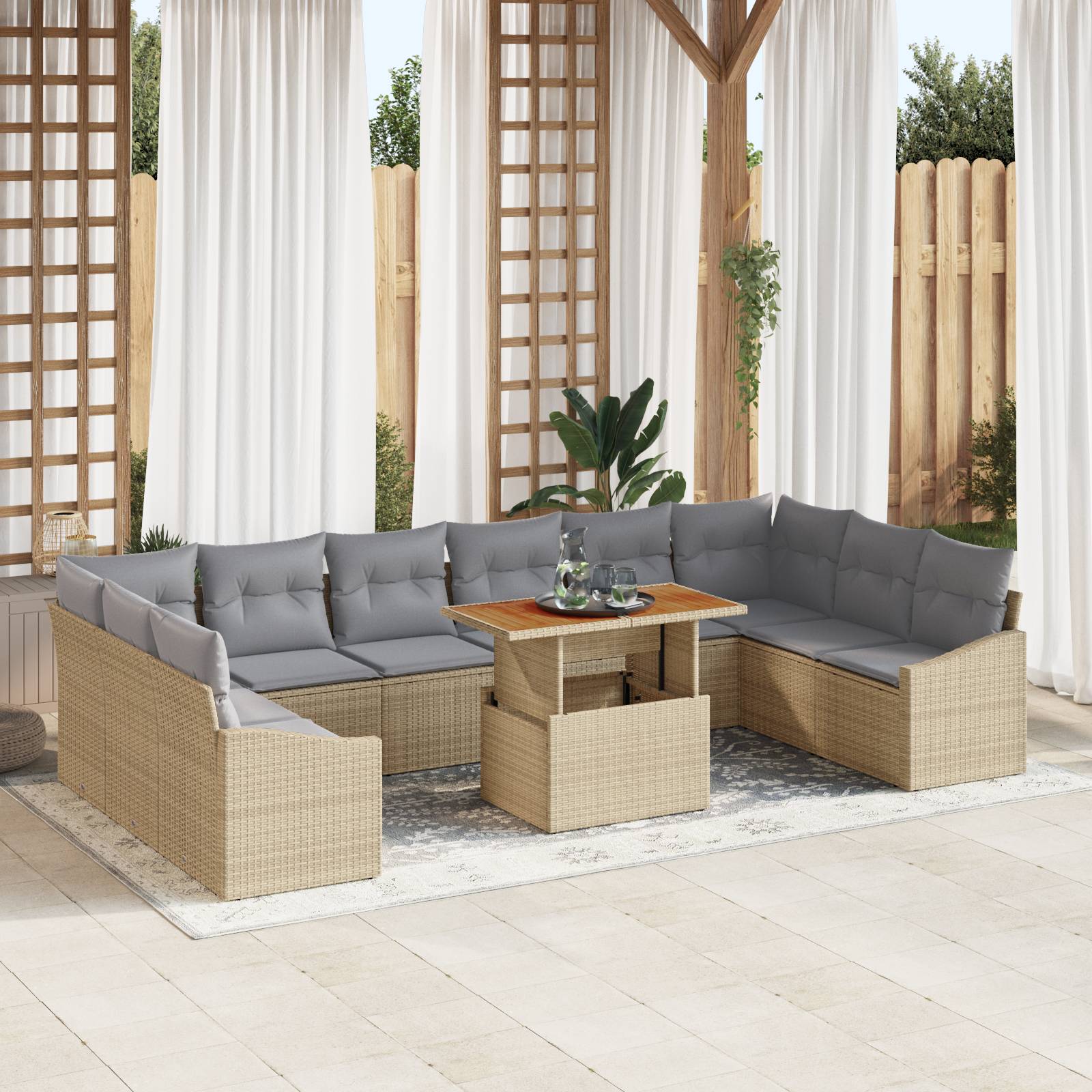vidaXL 11-tlg. Garten-Sofagarnitur mit Kissen Beige Poly Rattan