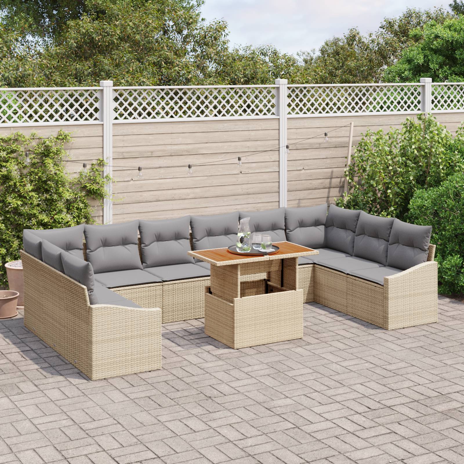 vidaXL 11-tlg. Garten-Sofagarnitur mit Kissen Beige Poly Rattan