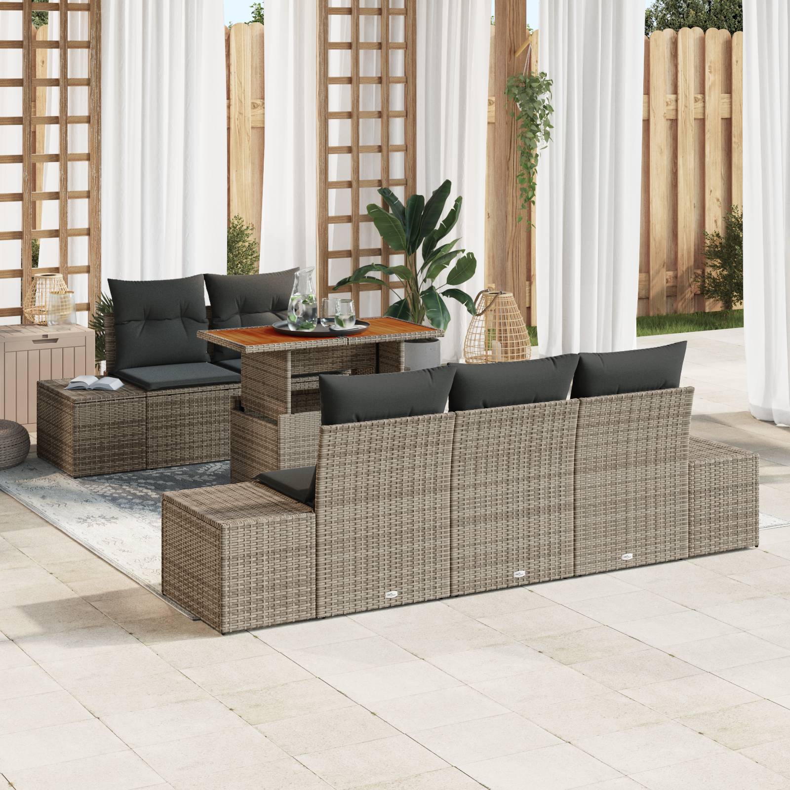 vidaXL 6-tlg. Garten-Sofagarnitur mit Kissen Grau Poly Rattan