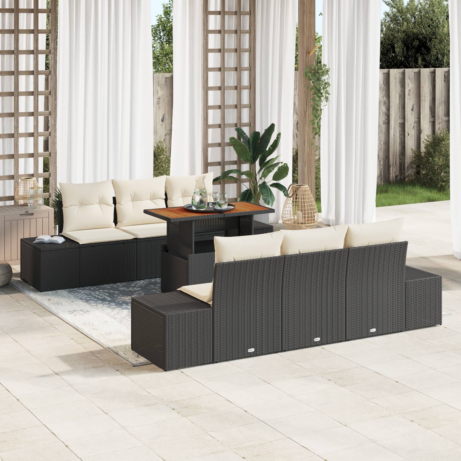 vidaXL 7-tlg. Garten-Sofagarnitur mit Kissen Schwarz Poly Rattan