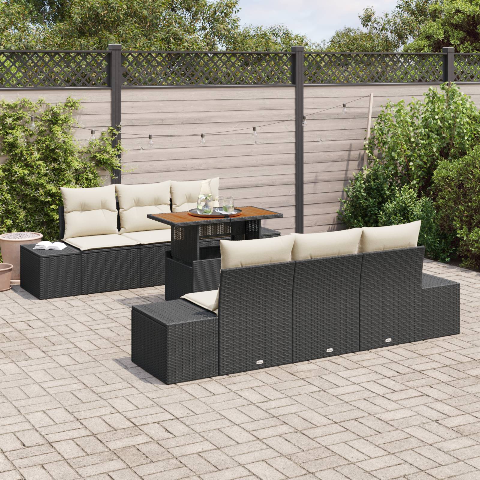 vidaXL 7-tlg. Garten-Sofagarnitur mit Kissen Schwarz Poly Rattan