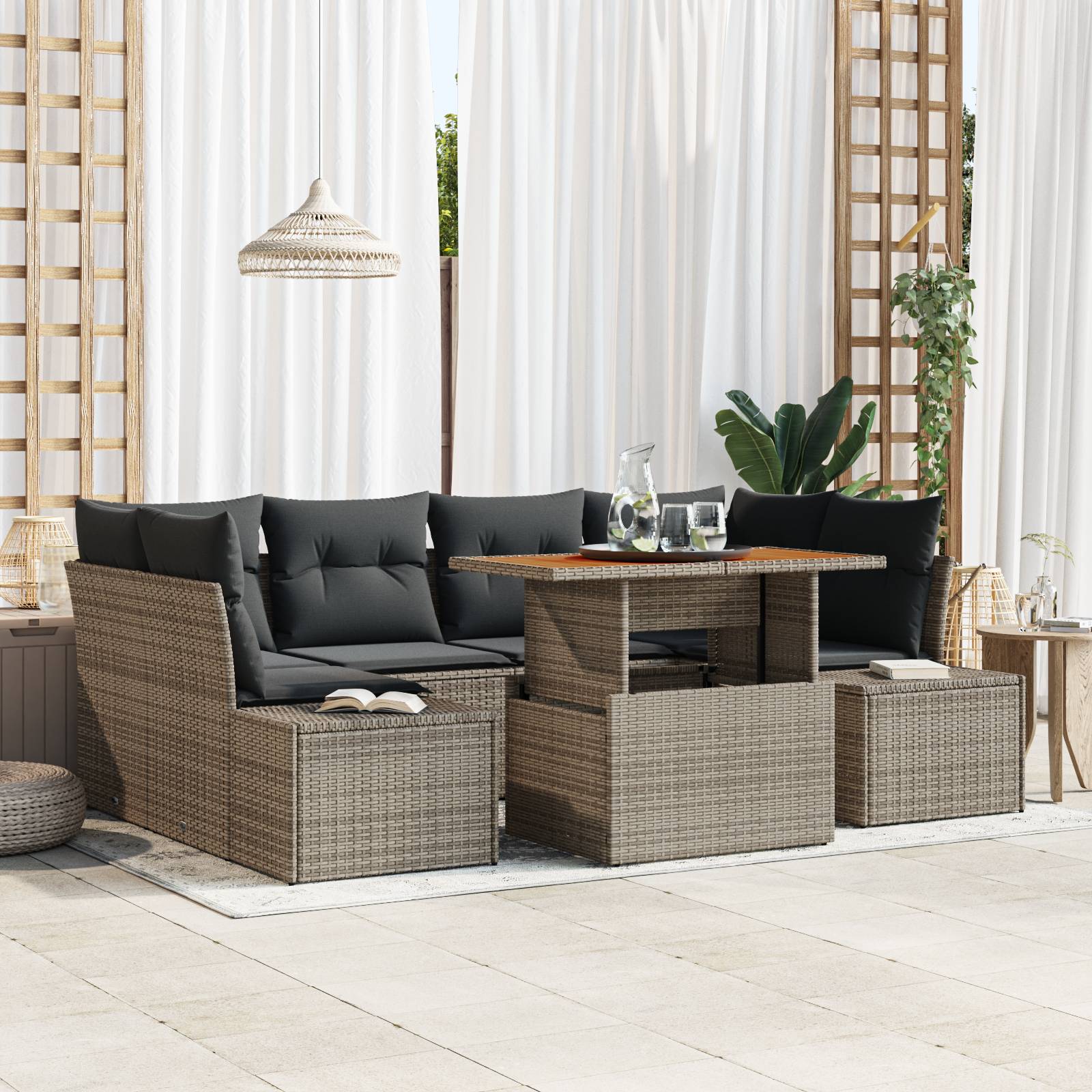 vidaXL 7-tlg. Garten-Essgruppe mit Kissen Grau Poly Rattan Akazie