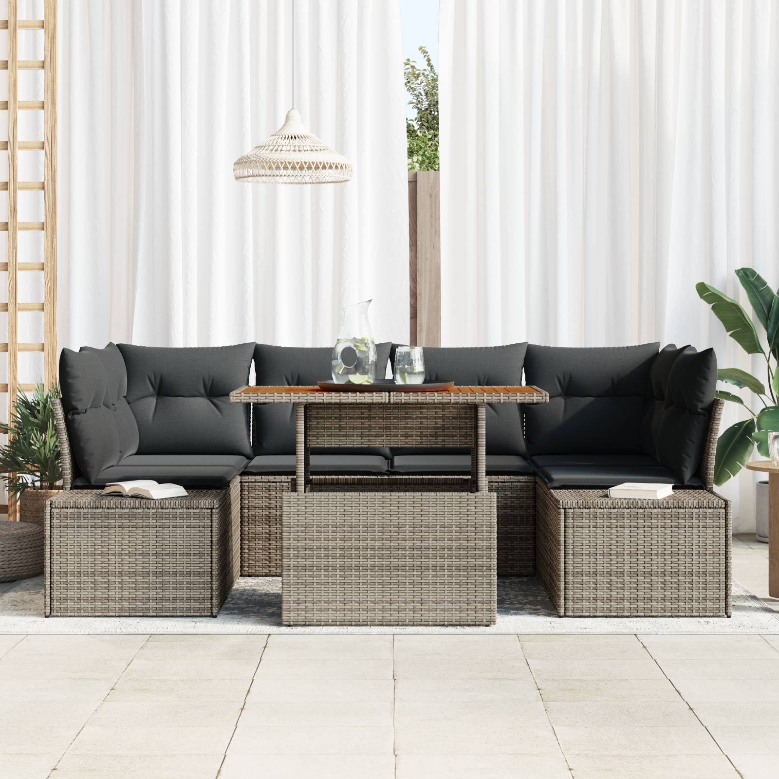 vidaXL 7-tlg. Garten-Essgruppe mit Kissen Grau Poly Rattan Akazie