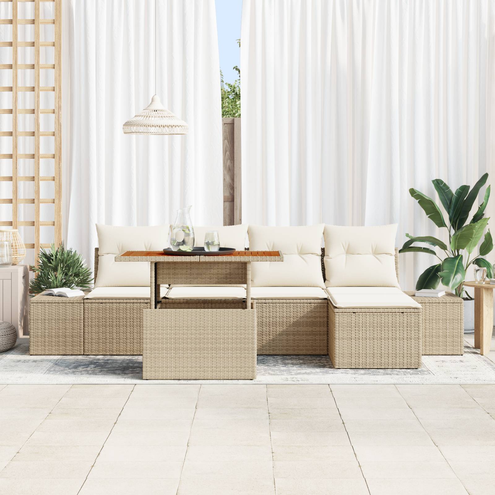 vidaXL 6-tlg. Garten-Essgruppe mit Kissen Beige Poly Rattan Akazie