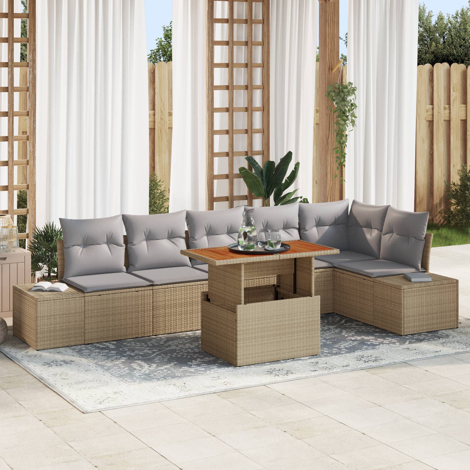 vidaXL 7-tlg. Garten-Essgruppe mit Kissen Beige Poly Rattan Akazie