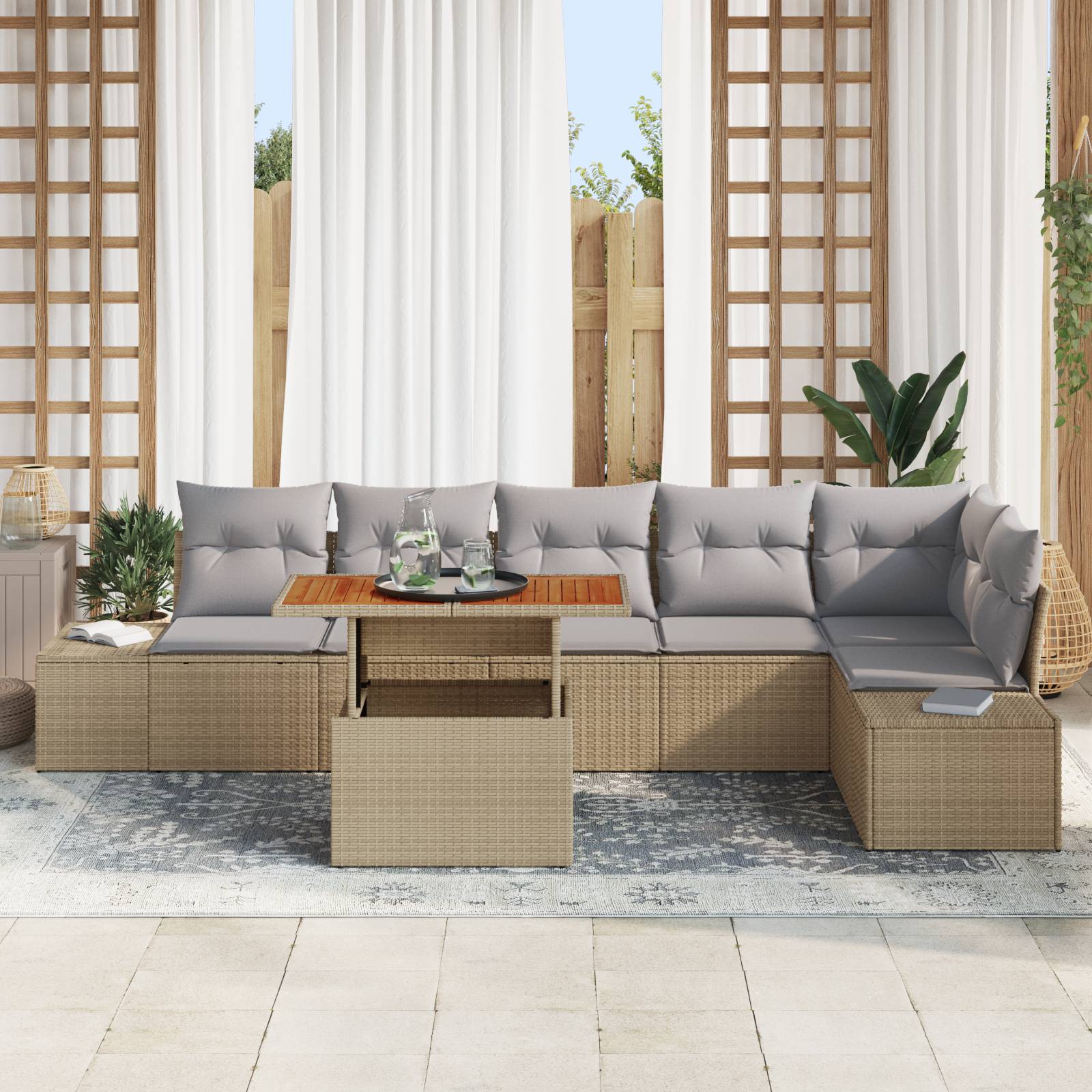 vidaXL 7-tlg. Garten-Essgruppe mit Kissen Beige Poly Rattan Akazie