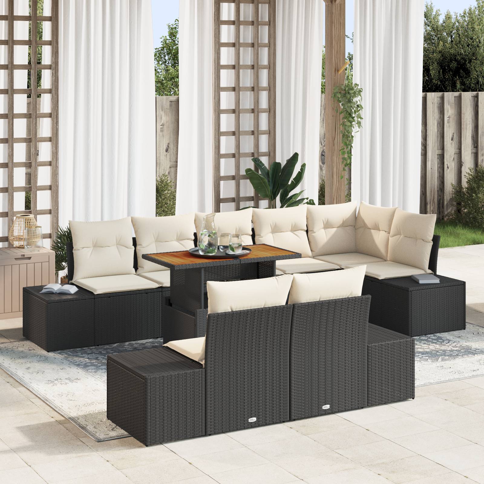 vidaXL 9-tlg. Garten-Essgruppe mit Kissen Schwarz Poly Rattan Akazie