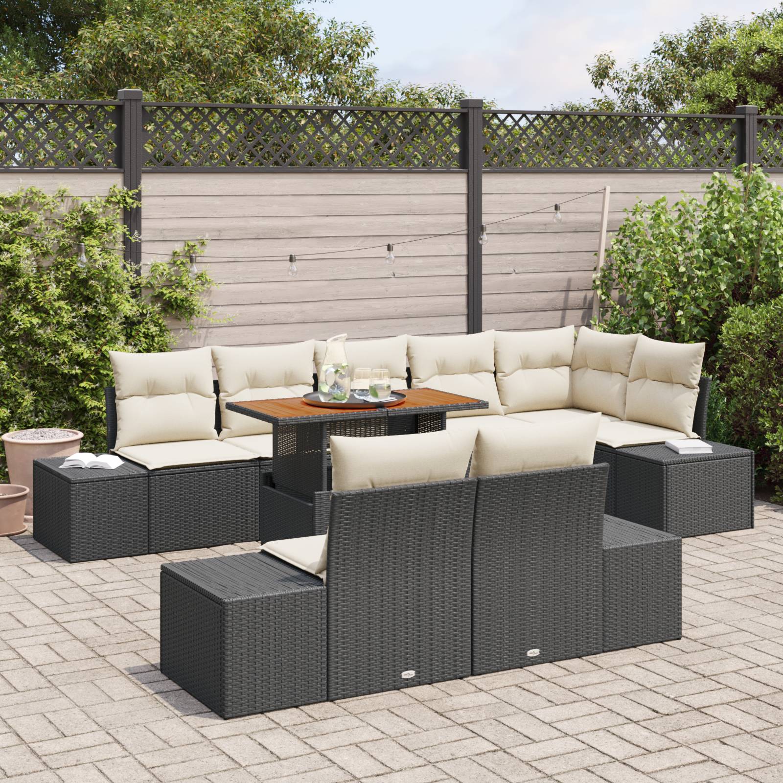 vidaXL 9-tlg. Garten-Essgruppe mit Kissen Schwarz Poly Rattan Akazie