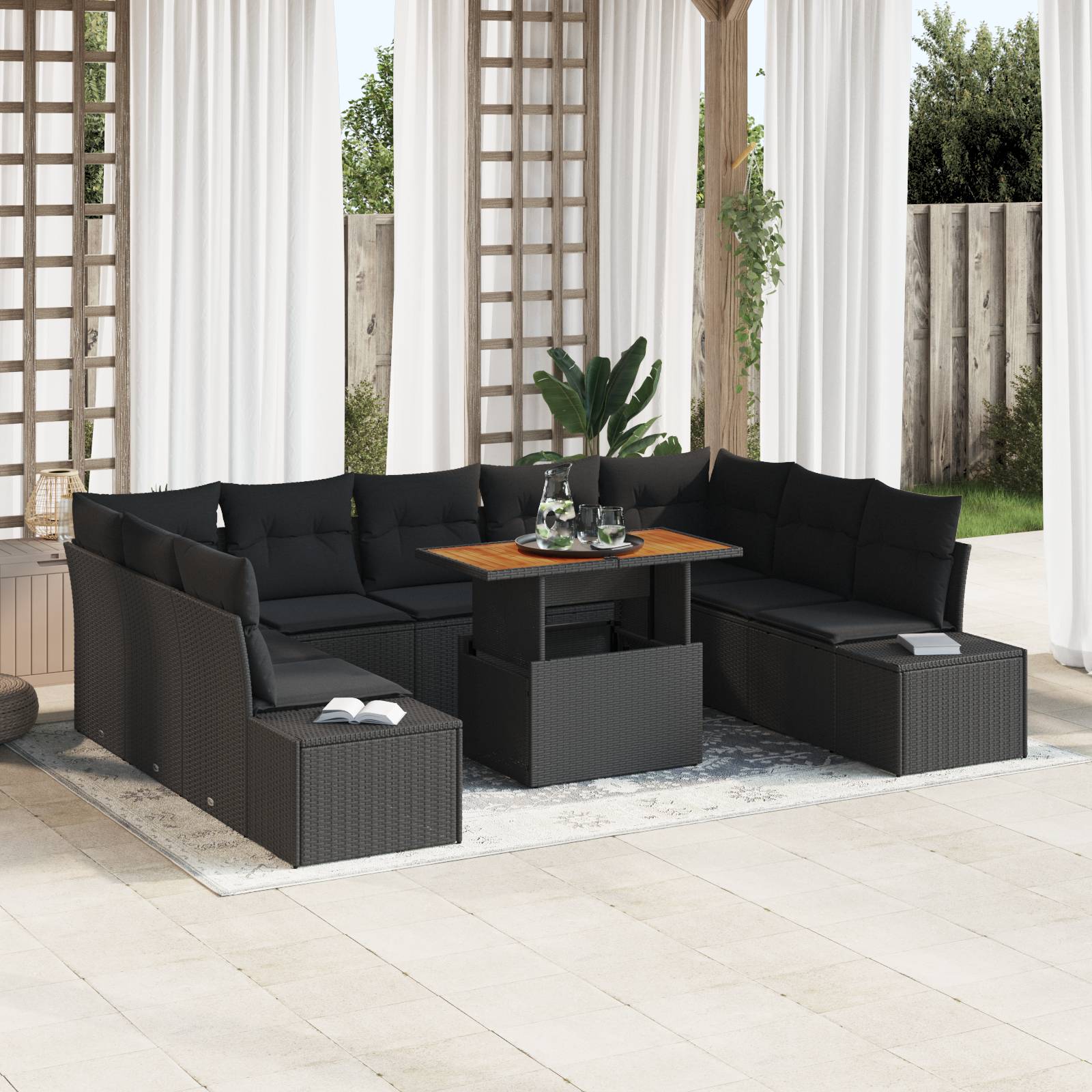 vidaXL 10-tlg. Garten-Essgruppe mit Kissen Schwarz Poly Rattan Akazie