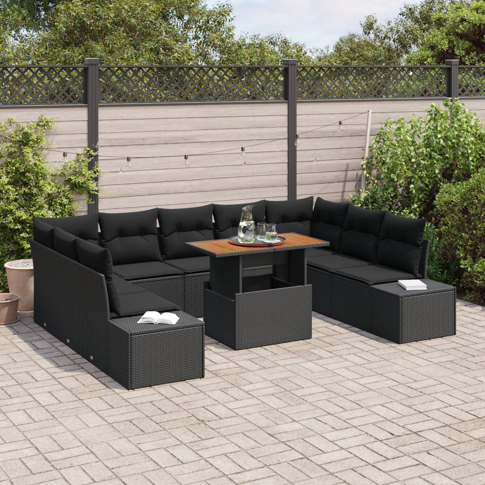 vidaXL 10-tlg. Garten-Essgruppe mit Kissen Schwarz Poly Rattan Akazie