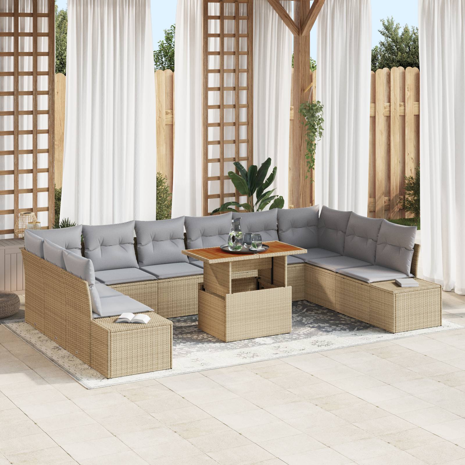 vidaXL 11-tlg. Garten-Essgruppe mit Kissen Beige Poly Rattan Akazie