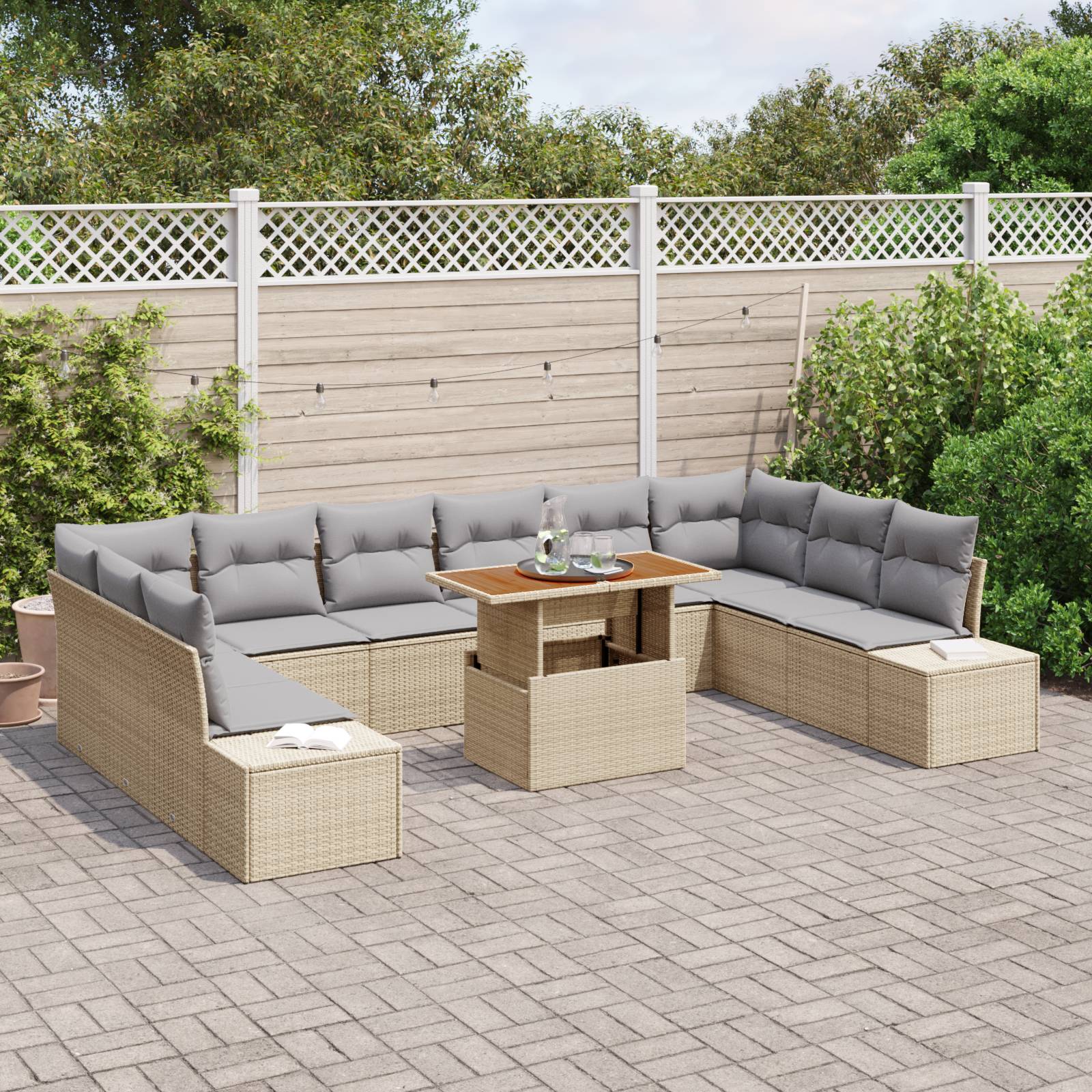 vidaXL 11-tlg. Garten-Essgruppe mit Kissen Beige Poly Rattan Akazie