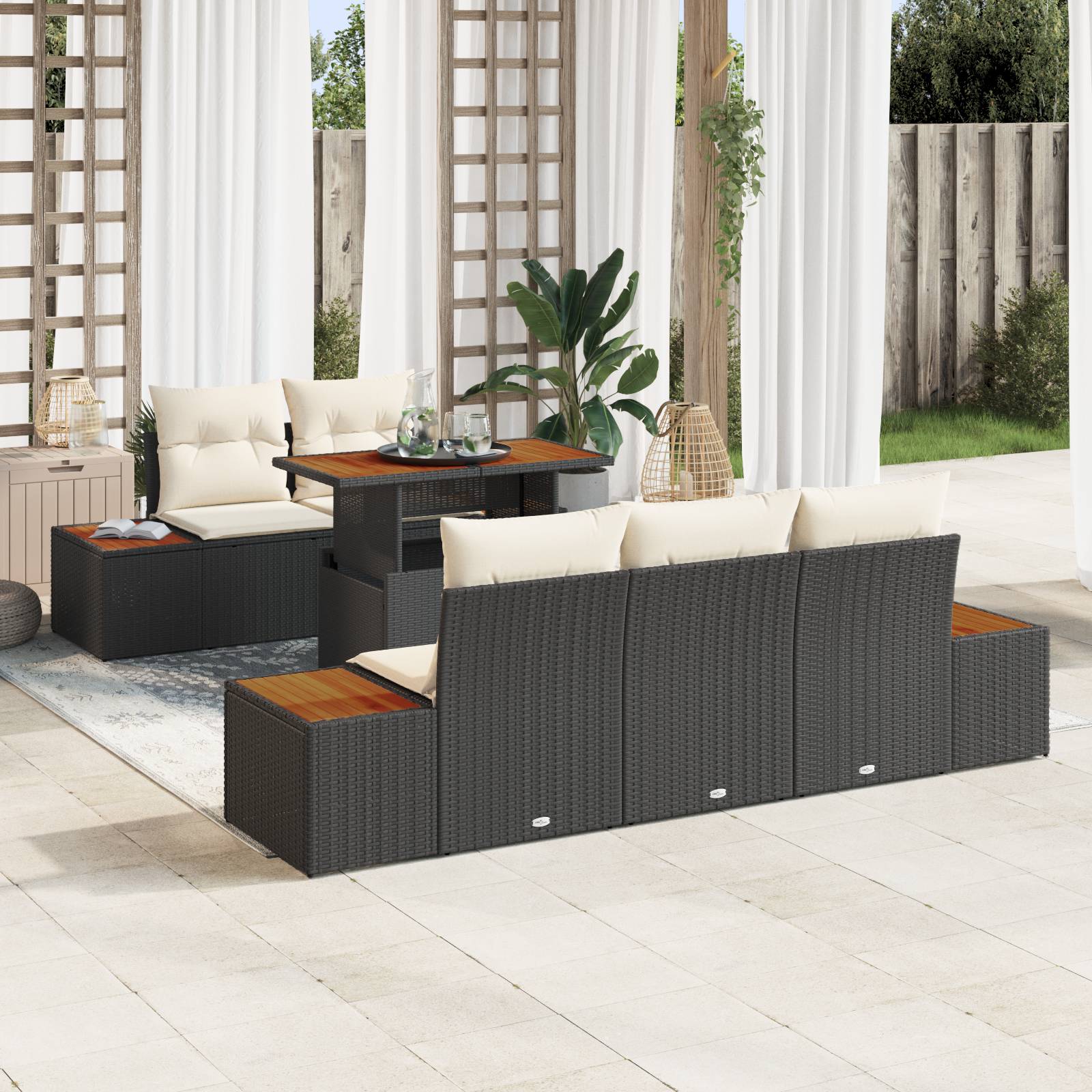 vidaXL 6-teiliges Garten-Esszimmer-Set mit Kissen Schwarz Poly-Rattan Akazie