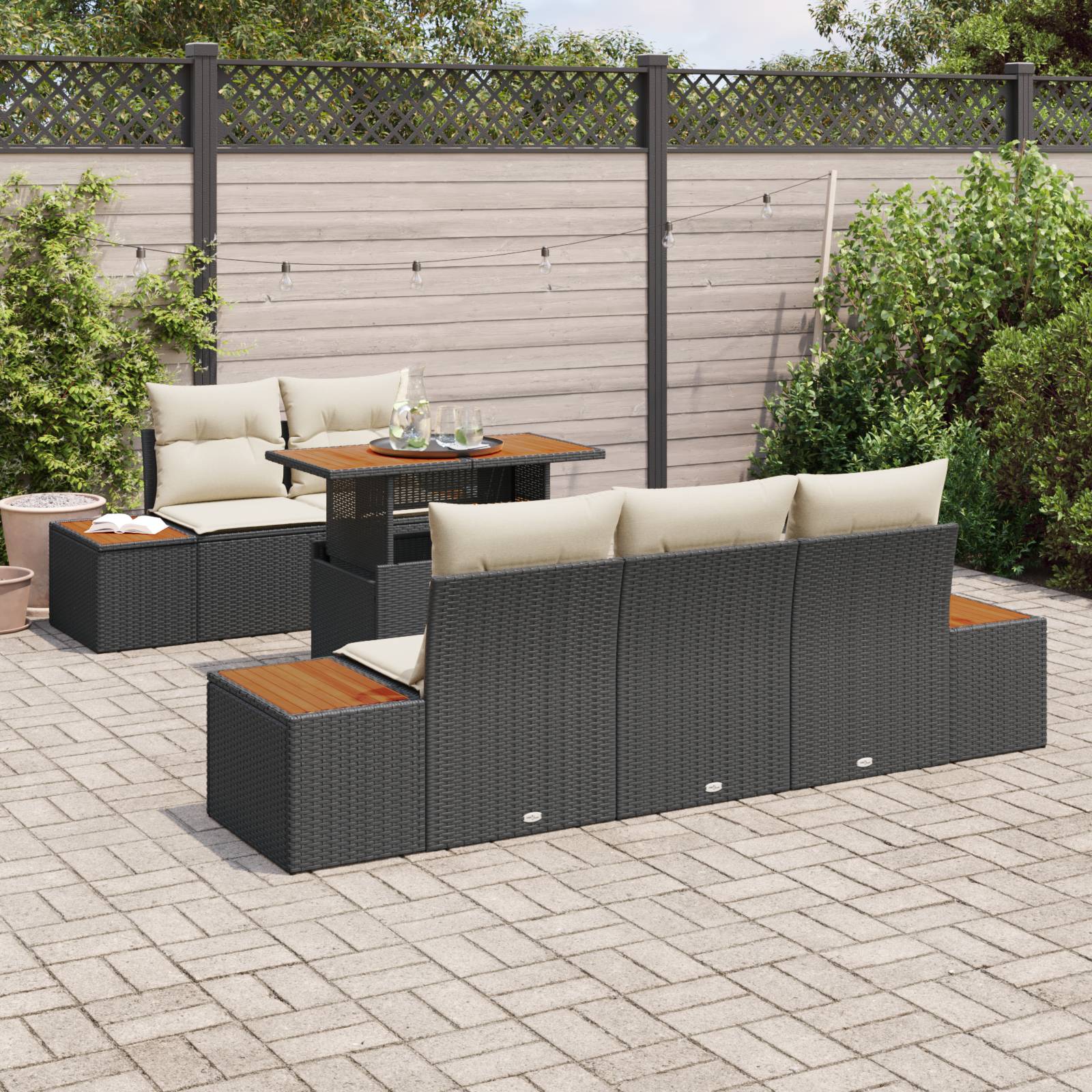 vidaXL 6-teiliges Garten-Esszimmer-Set mit Kissen Schwarz Poly-Rattan Akazie