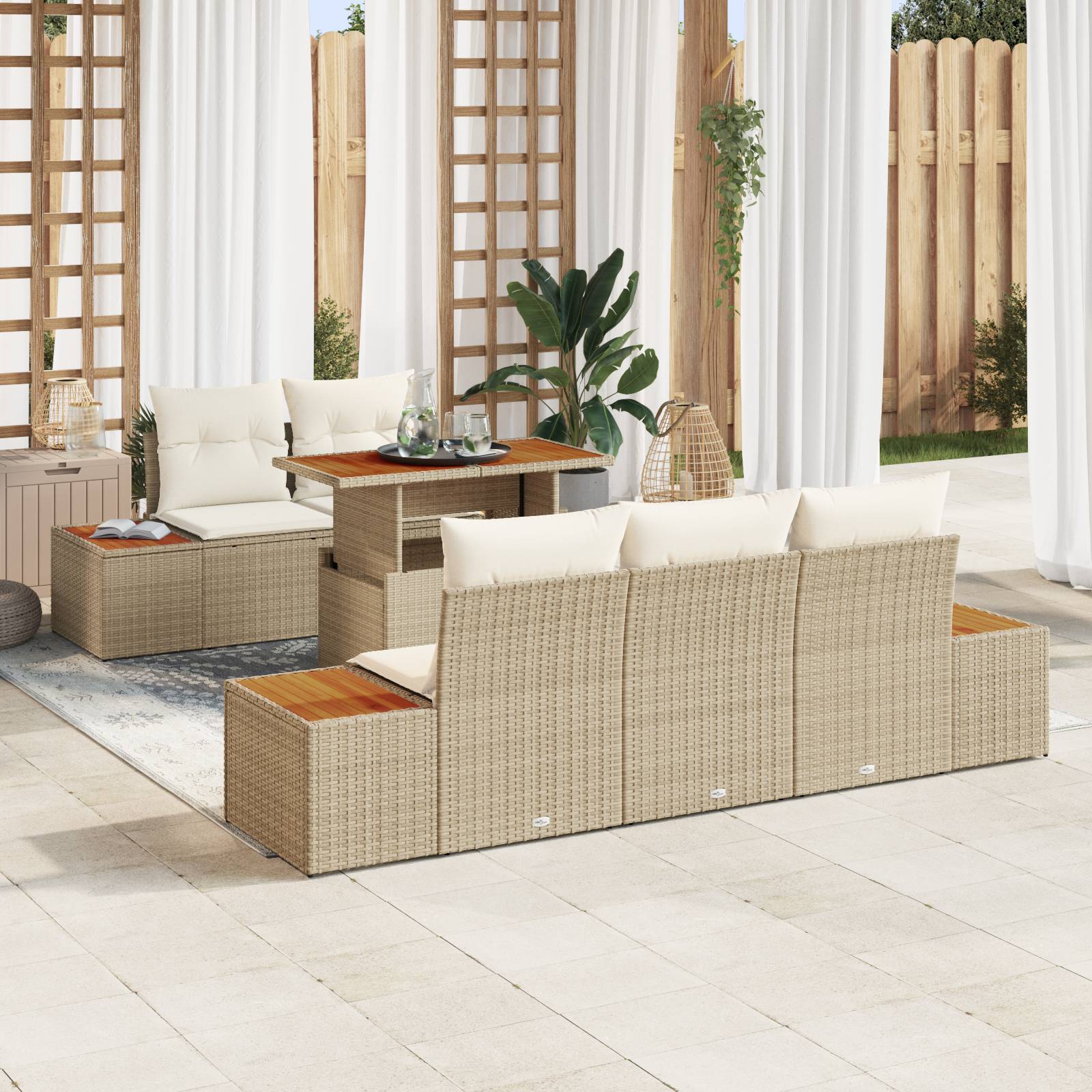 vidaXL 6-tlg. Garten-Essgruppe mit Kissen Beige Poly Rattan Akazie