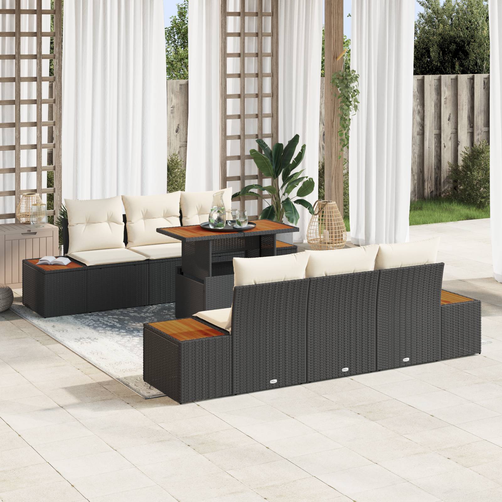 vidaXL 7-tlg. Garten-Essgruppe mit Kissen Schwarz Poly Rattan Akazie