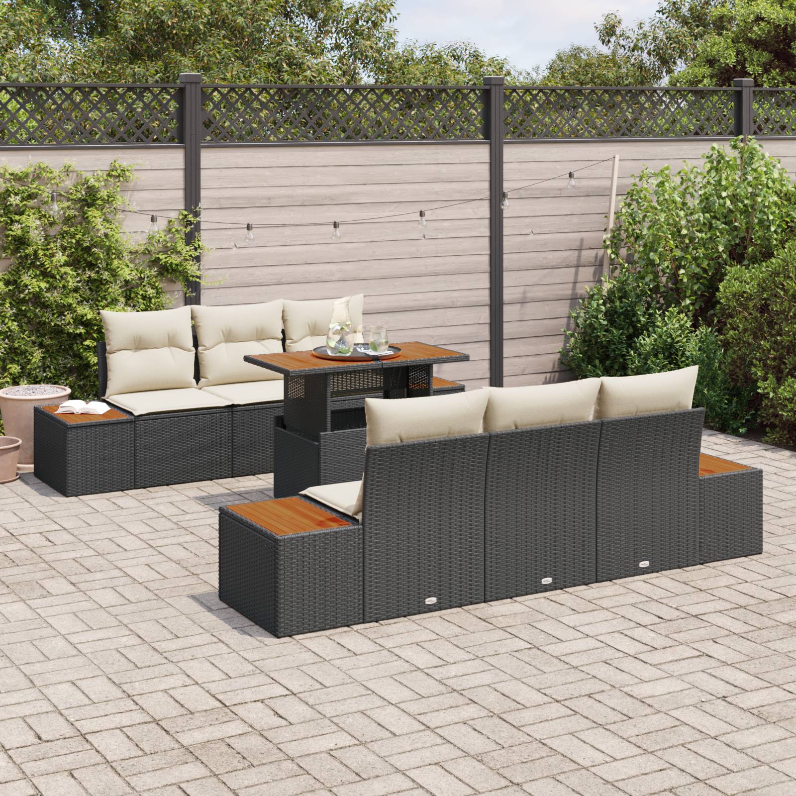vidaXL 7-tlg. Garten-Essgruppe mit Kissen Schwarz Poly Rattan Akazie
