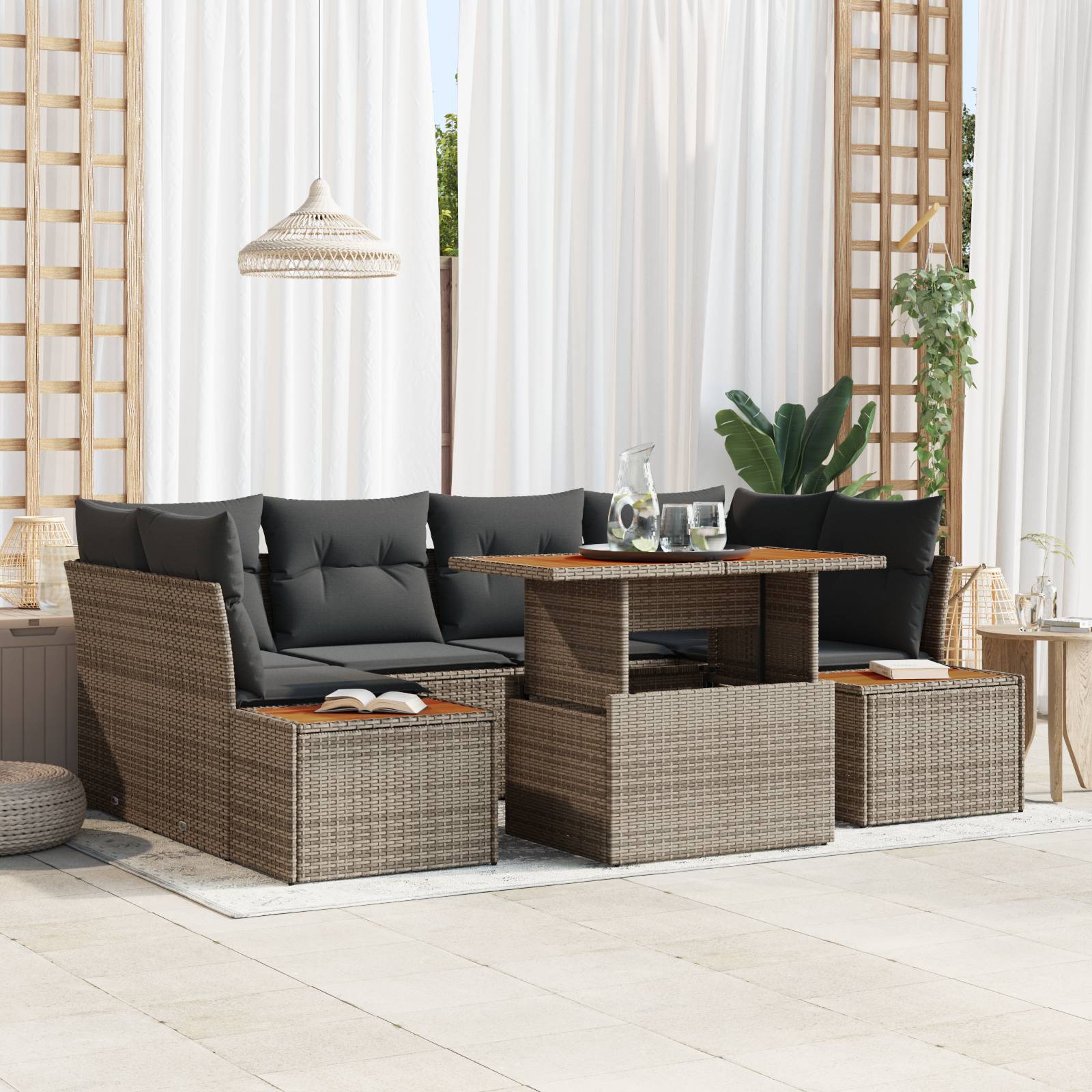 vidaXL 6-teiliges Garten Sofa Set mit Kissen Grau Poly Rattan
