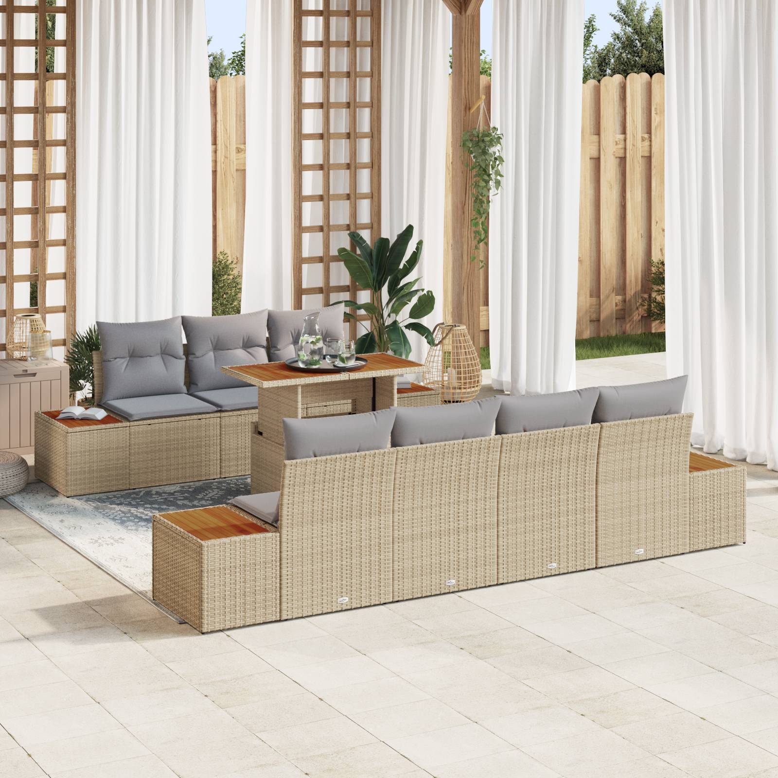 vidaXL 8-tlg. Garten-Essgruppe mit Kissen Beige Poly Rattan Akazie