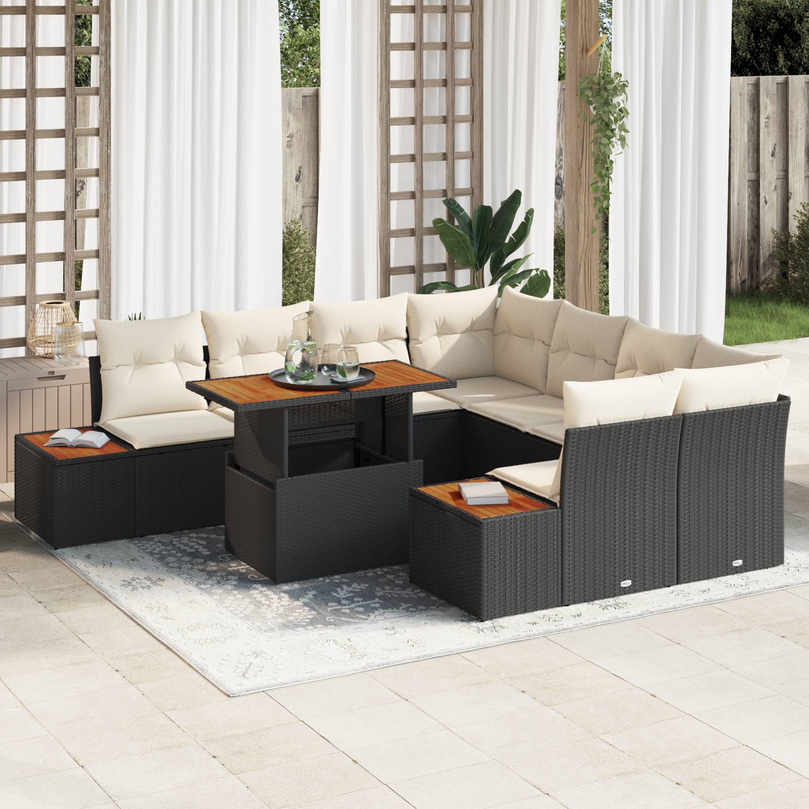 vidaXL 9-teiliges Garten-Sofa-Set mit Kissen Schwarz Poly-Rattan