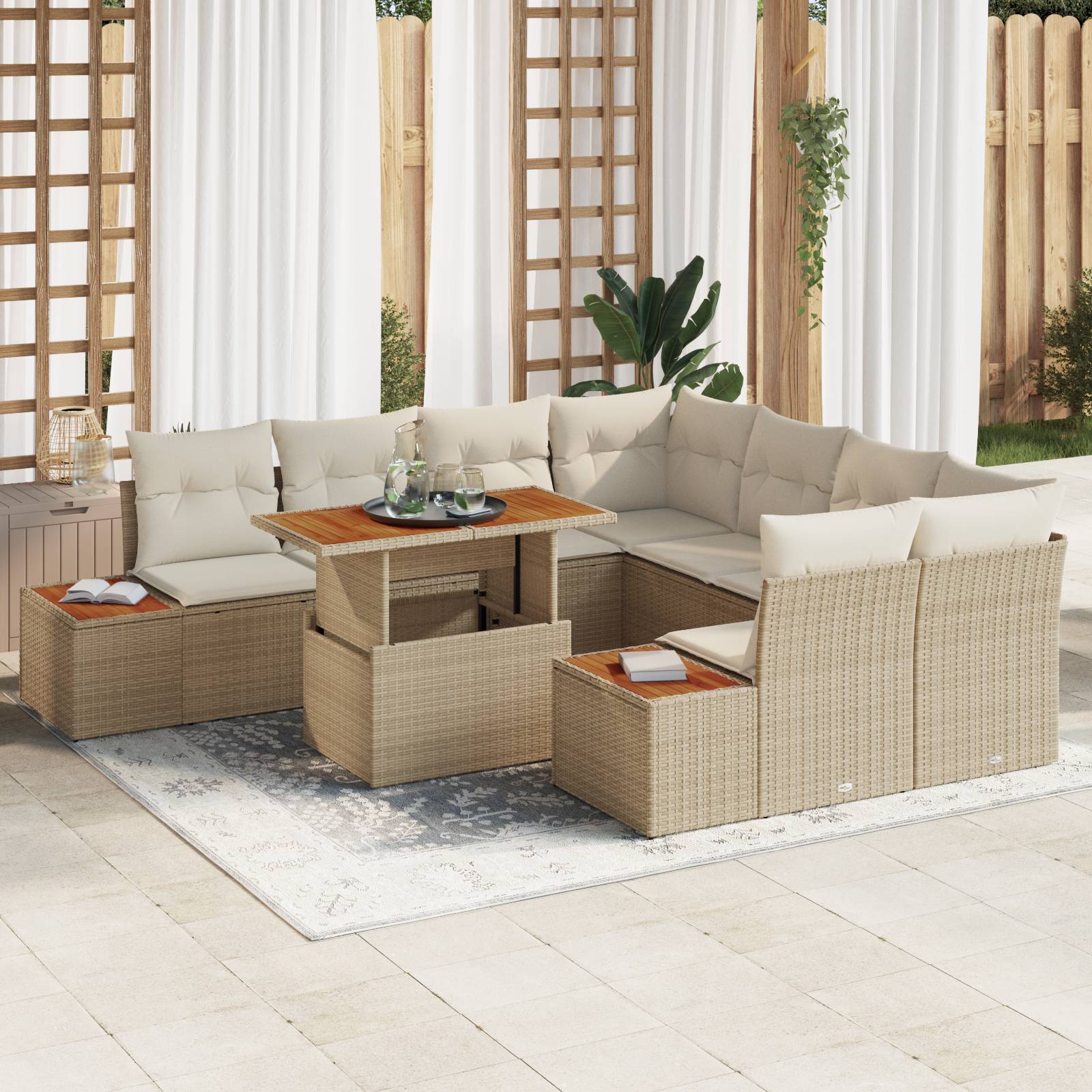 vidaXL 9-tlg. Garten-Essgruppe mit Kissen Beige Poly Rattan Akazie