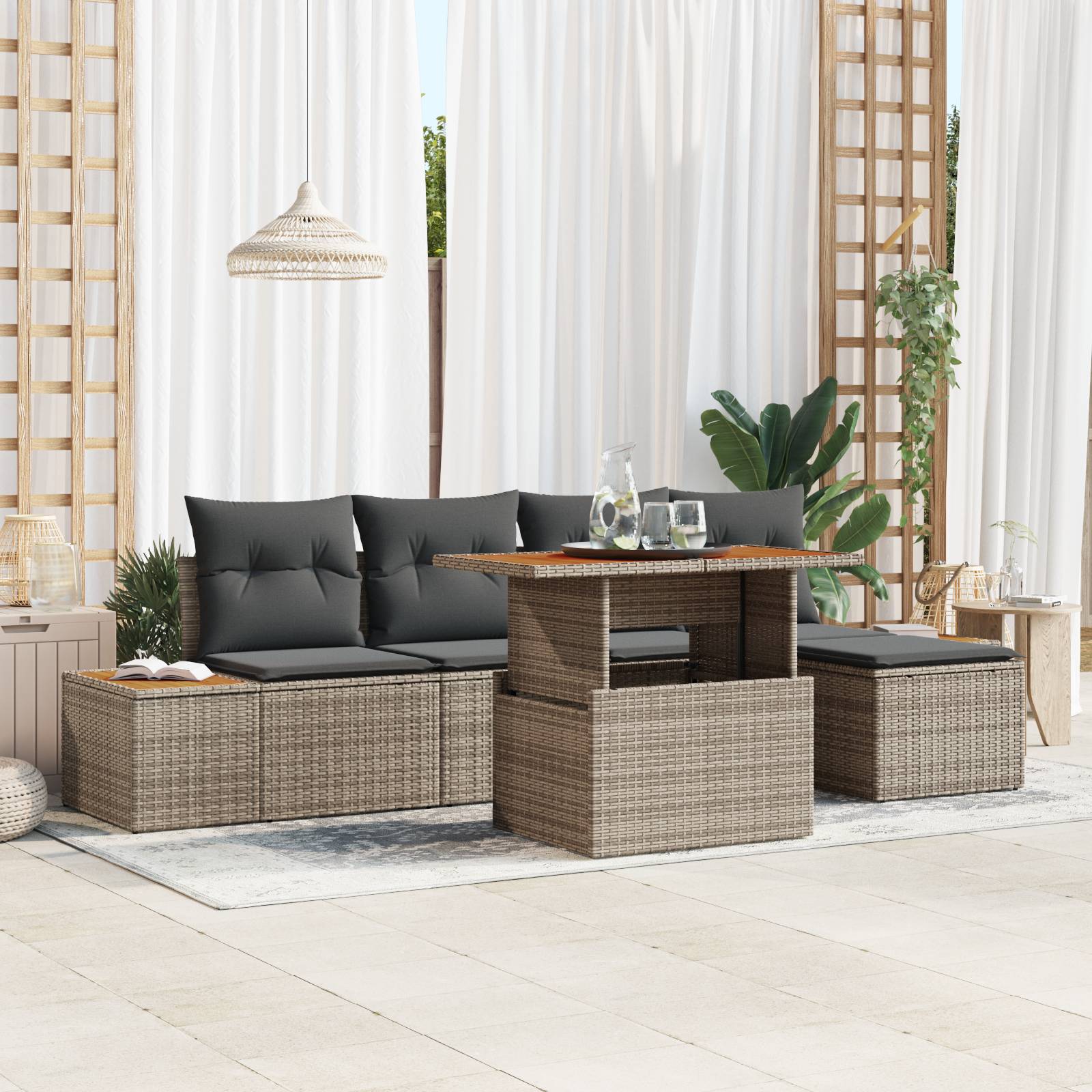 vidaXL 6-tlg. Garten-Essgruppe mit Kissen Grau Poly Rattan Akazie