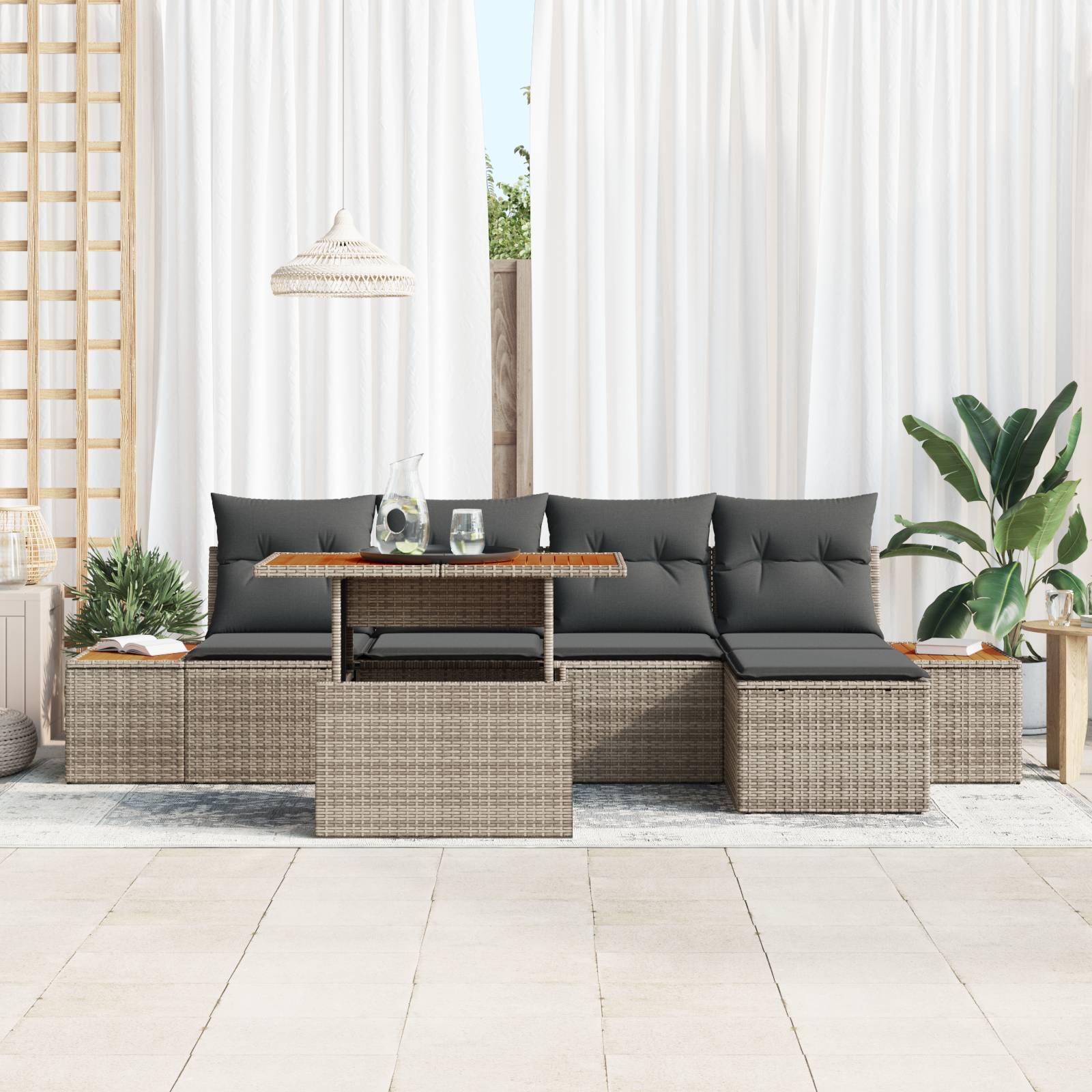 vidaXL 6-tlg. Garten-Essgruppe mit Kissen Grau Poly Rattan Akazie