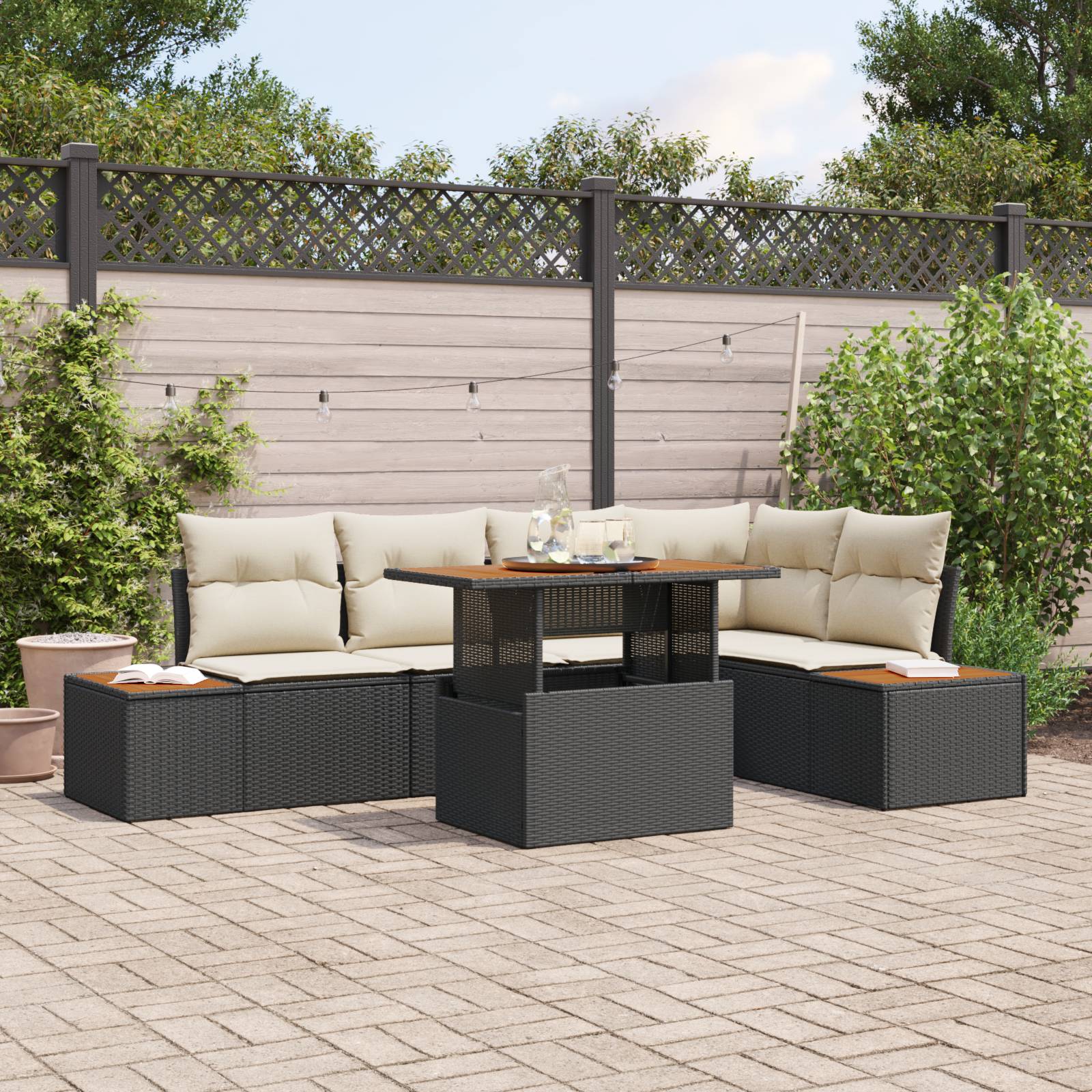 vidaXL 6-tlg. Garten-Essgruppe mit Kissen Schwarz Poly Rattan Akazie