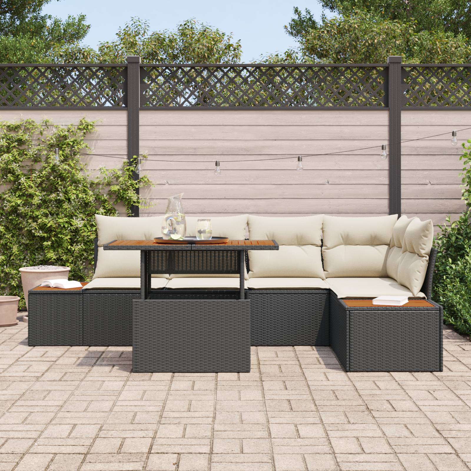 vidaXL 6-tlg. Garten-Essgruppe mit Kissen Schwarz Poly Rattan Akazie