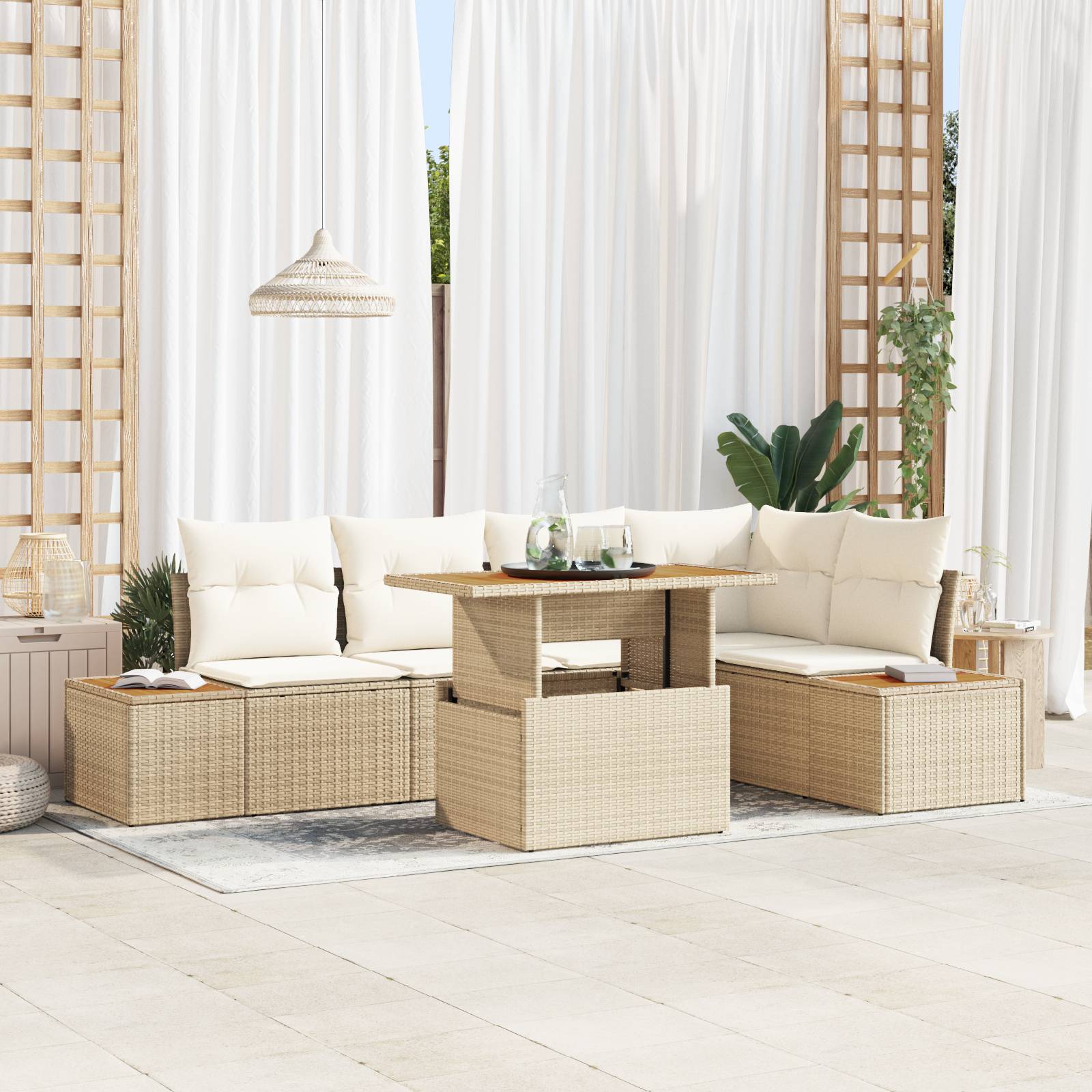 vidaXL 6-tlg. Garten-Essgruppe mit Kissen Beige Poly Rattan Akazie